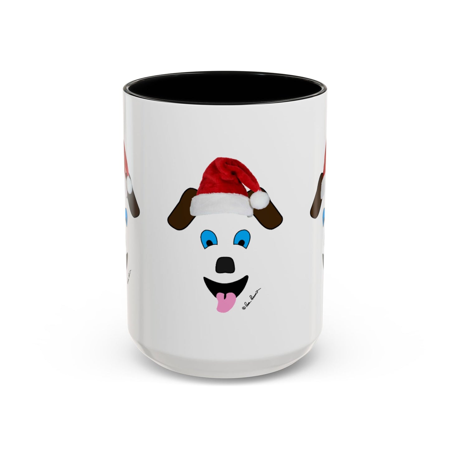 The Festive Dog-Face Coffee Mug by Printify, available in two sizes, features a cartoon pooch wearing a Santa hat. Its whimsical design beautifully contrasts with the sleek black interior, making it an ideal ceramic gift idea for dog lovers and a charming addition to any collection.