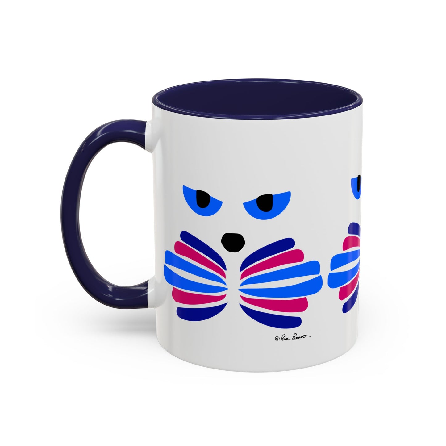 The Cat-Face Coffee Mug by Printify is an ideal gift for cat lovers, featuring a ceramic construction with a white finish and a stylish blue handle. The mug is adorned with an abstract design in shades of blue, pink, and purple geometric shapes that form a whimsical feline face. Available in two sizes, it's the perfect companion for your morning coffee.