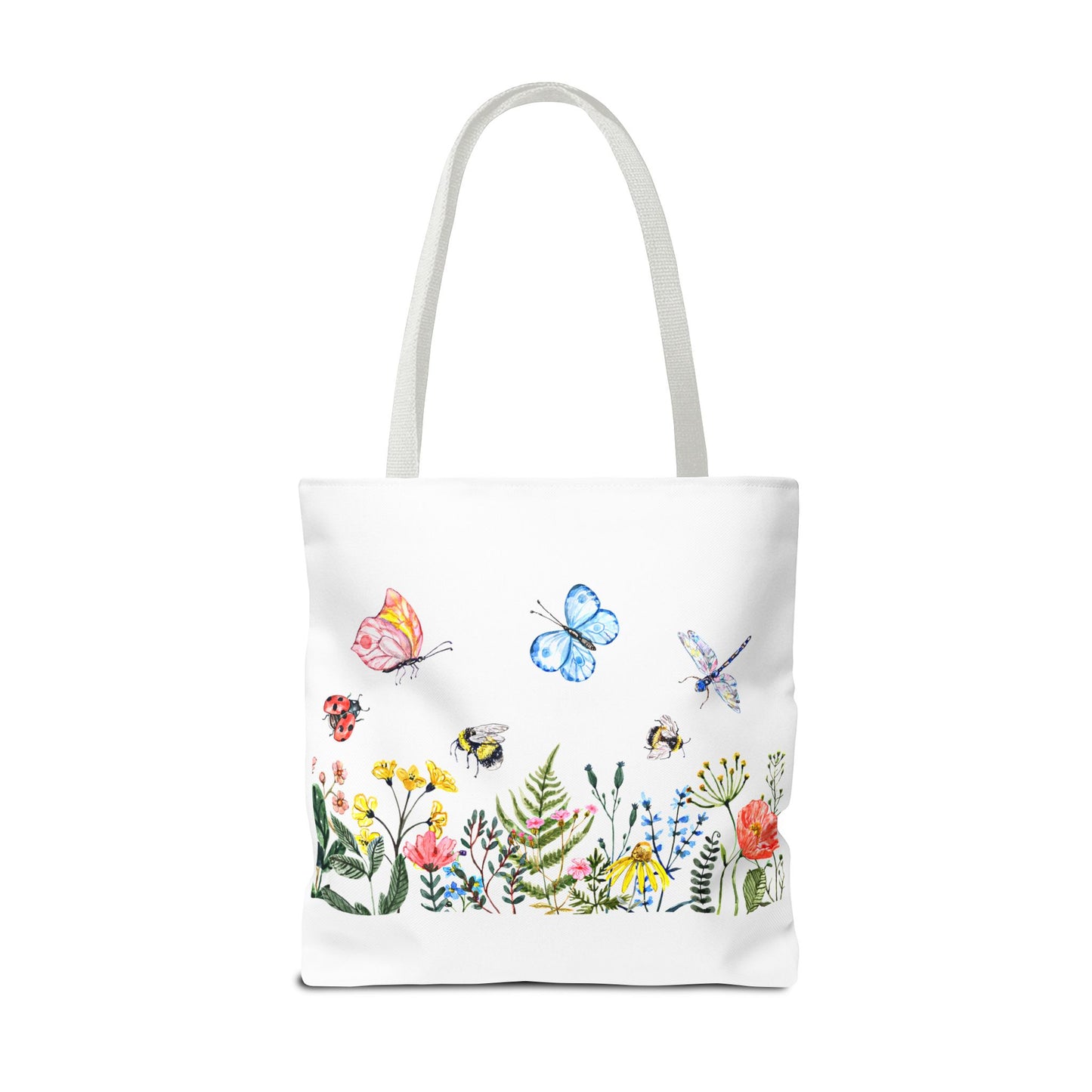Introducing the Printify Spring Garden Tote Bag: a white polyester tote with vibrant butterflies, bees, a ladybug, and flowers along the bottom. Available in 3 sizes and featuring a 2-sided print—ideal for outdoor activities.