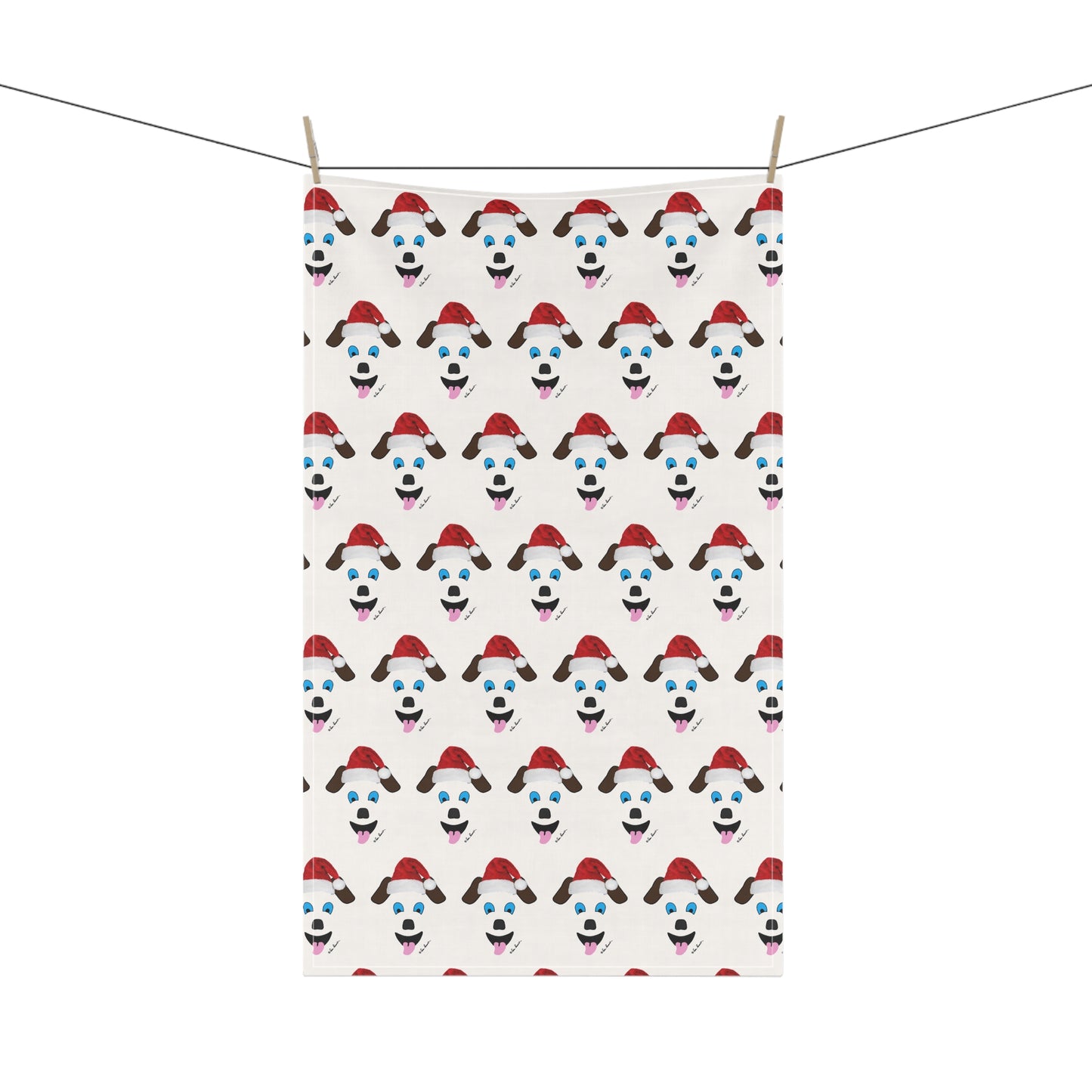 The Festive Santa-Dog Kitchen Towels from Printify, measuring 18" x 30", are ideal for holiday gatherings, showcasing an adorable pattern of white dogs adorned with red Santa hats hanging cheerfully on the line.
