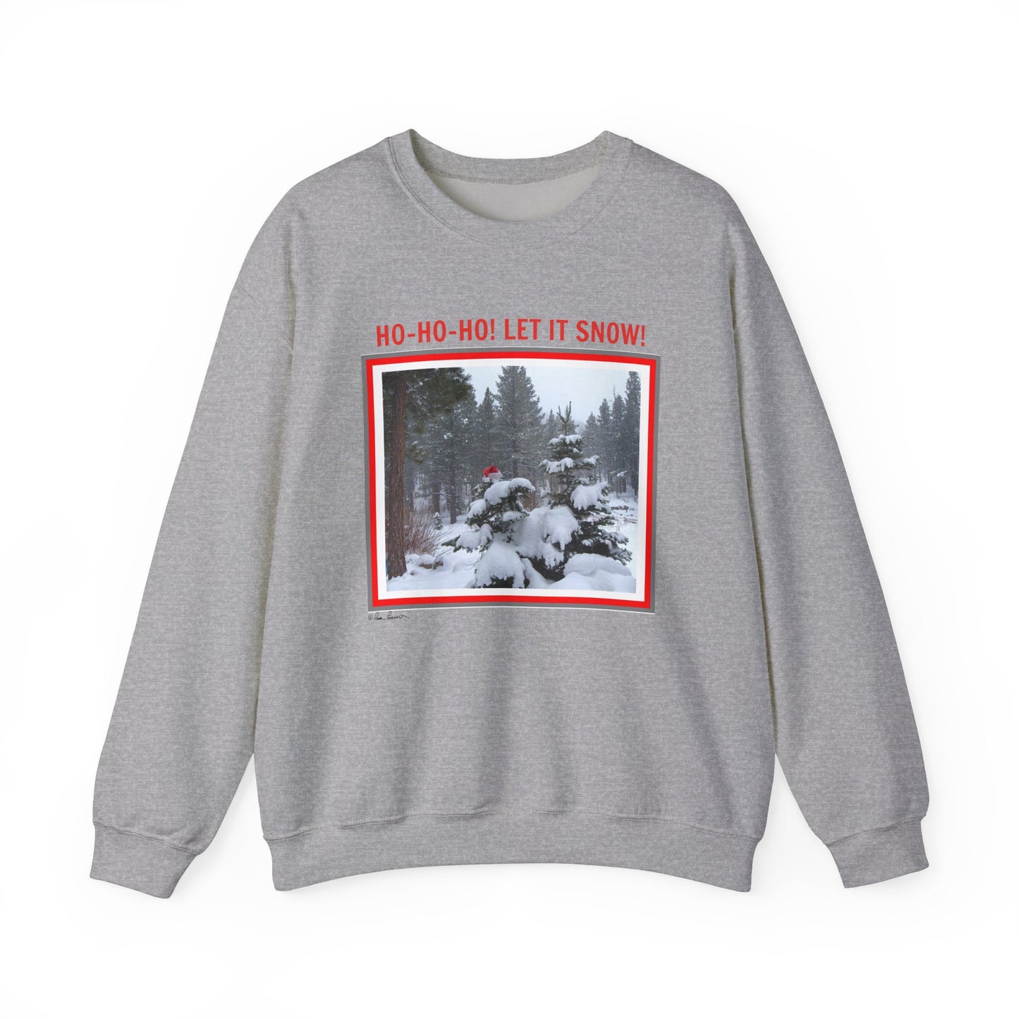 The Printify Unisex Holiday Crewneck Sweatshirt: Heavy Blend™| Santa offers seasonal coziness with a snowy forest design and Santa hat, framed in red. The words "Ho-Ho-Ho! Let it Snow!" add festive charm while supporting sustainable fashion.
