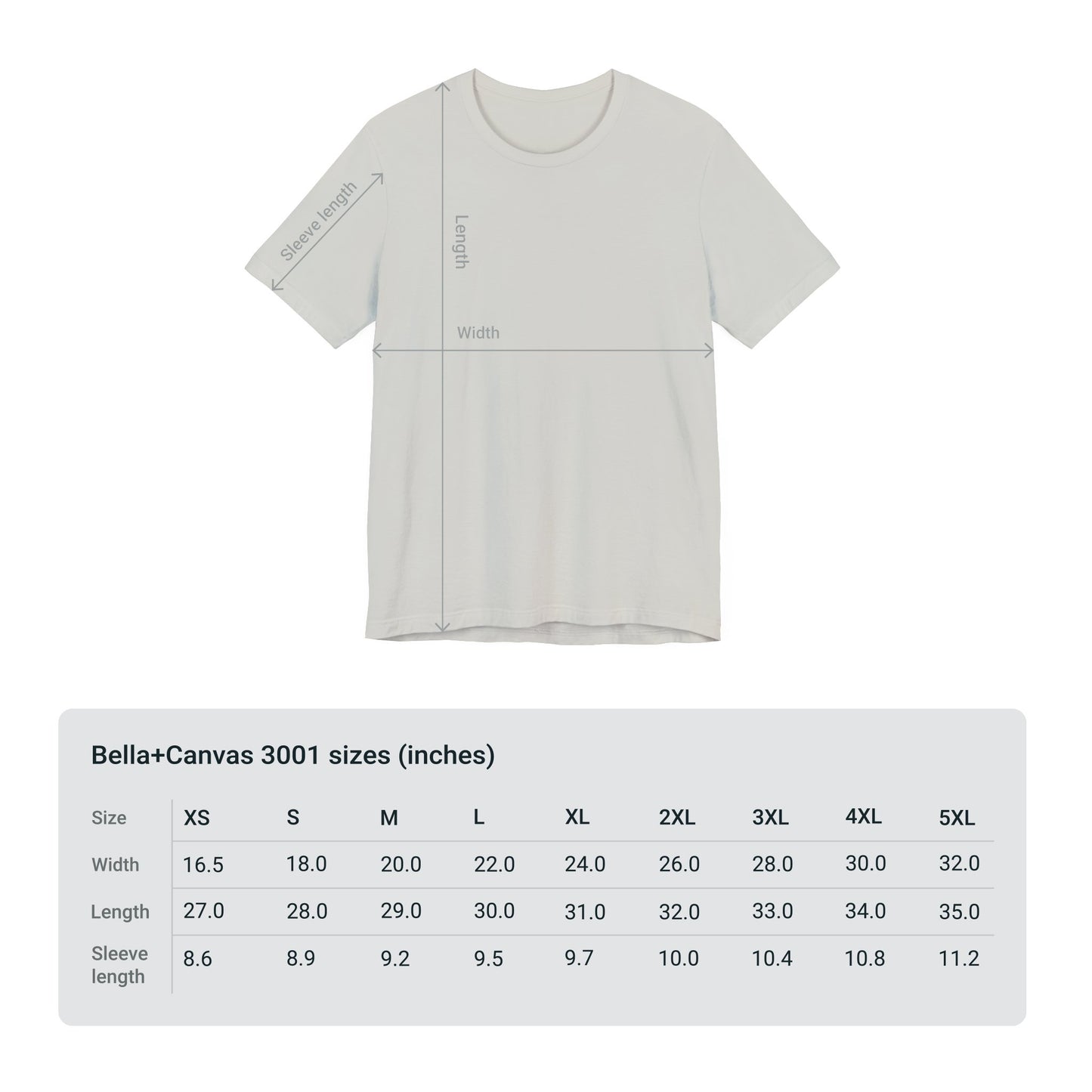 Image showing a light-colored Unisex T-shirt with Seahorse design by Printify, available in 6 colors and made of cotton fabric. Measurement guides for sleeve length, width, and length are displayed. Below is a size chart for the Bella+Canvas 3001 model, detailing measurements in inches for sizes XS to 5XL.