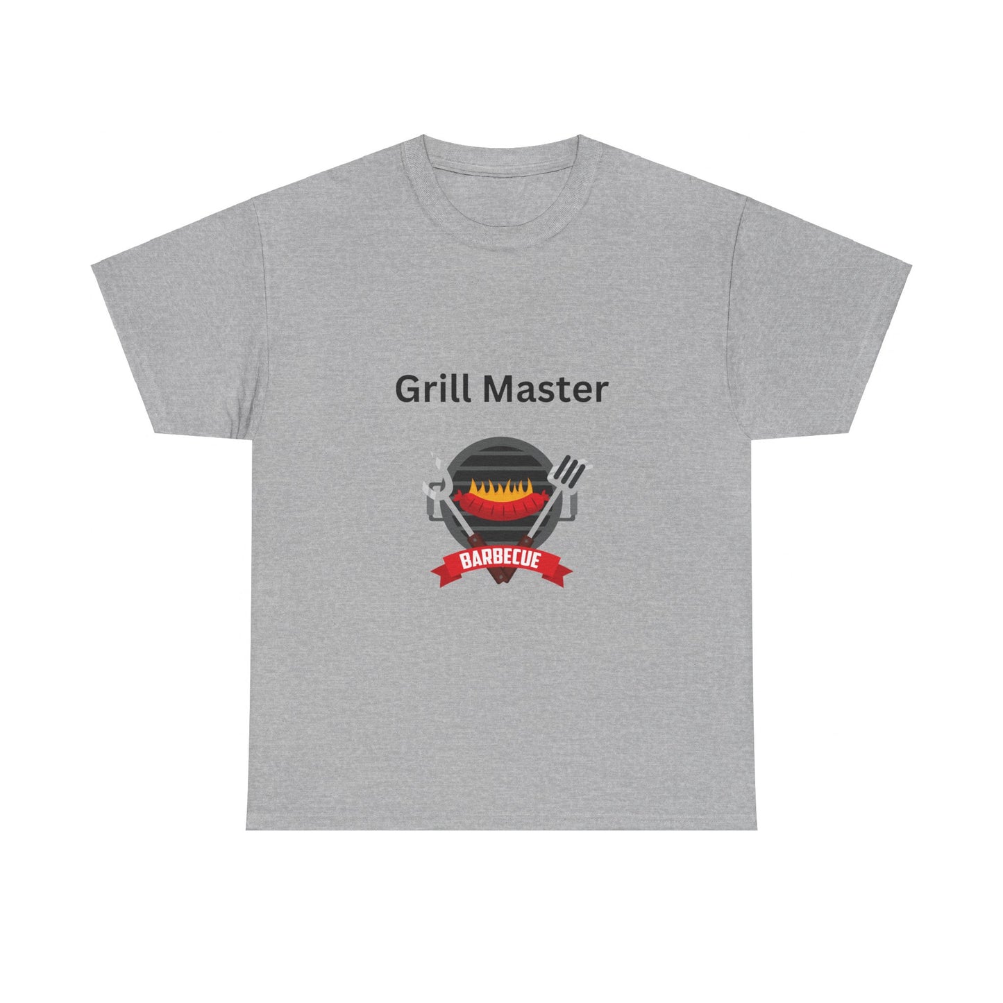 Unisex Grill-Master T-shirt: 2 colors; Cotton; Gildan with "Grill Master" text above a graphic of a barbecue grill and crossed fork and spatula. Made in America, it features the word "Barbecue" written on a red ribbon below the grill. Perfect for any outdoor cooking enthusiast! Available from Printify.