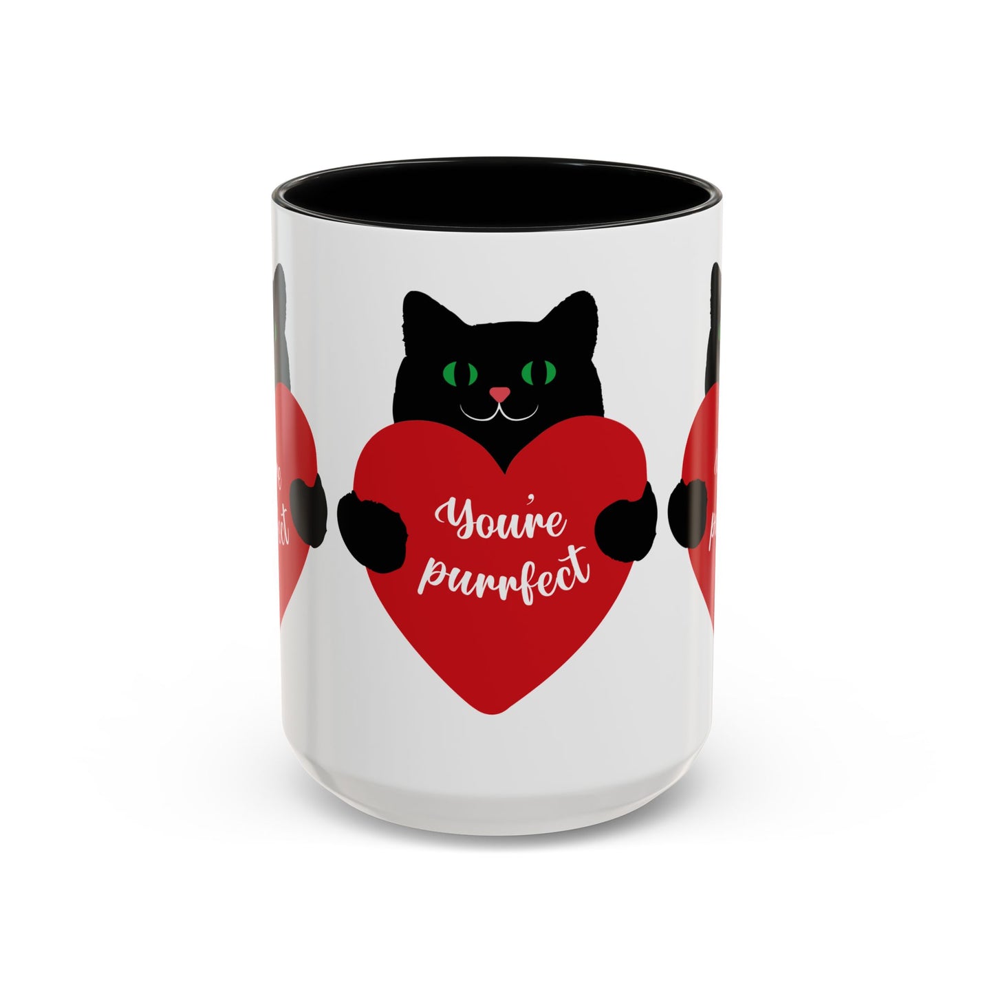The Purrfect Love Cat-Mug by Printify has a vibrant black cat with a red heart and "You're purrfect" in white text, making it an ideal gift for cat lovers. Available in 2 colors and sizes, it's cute and ceramic.