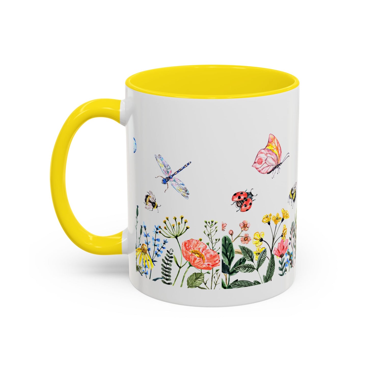 Discover the Colorful Spring Garden Mug by Printify: an 11 oz. ceramic mug with an AOP design featuring a vibrant yellow interior and handle. It's adorned with lively illustrations of flowers, butterflies, and a dragonfly—ideal for garden enthusiasts.