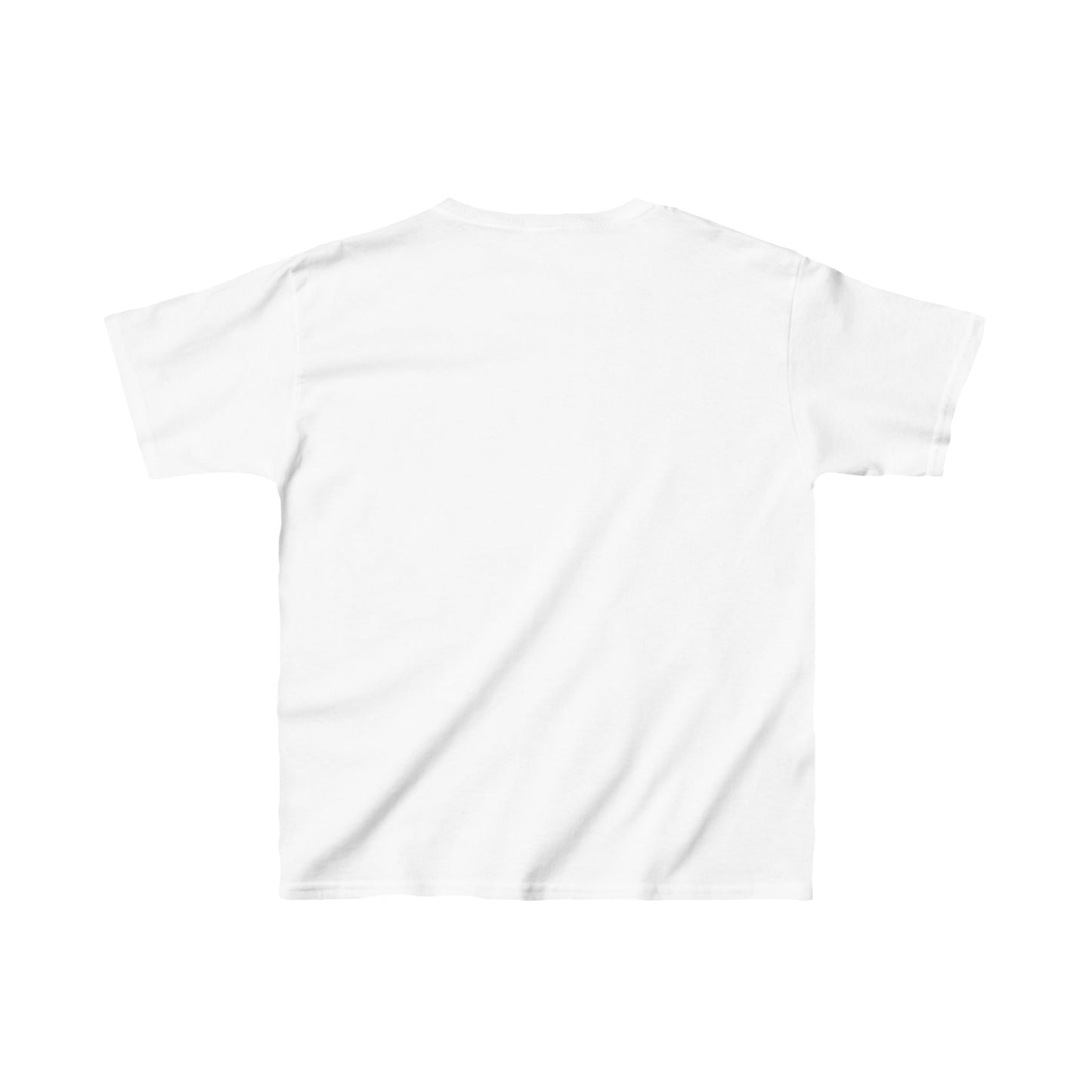 A plain white Printify Heavy Cotton™ Tee is showcased from the back against a white background, ready to be transformed with a festive Holiday design for the Festive Santa-Dog Kids T-shirt by Gildan.