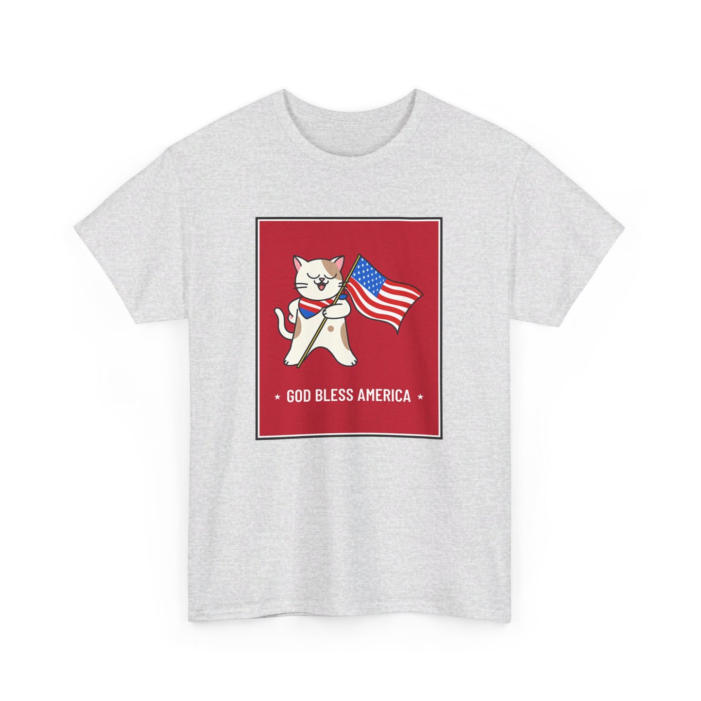 A light gray, heavy cotton unisex T-shirt by Printify featuring a cat holding an American flag with the text "God Bless America" below it on a red background. This Gildan Unisex Patriotic Cat T-shirt embodies a charming blend of whimsy and patriotism.