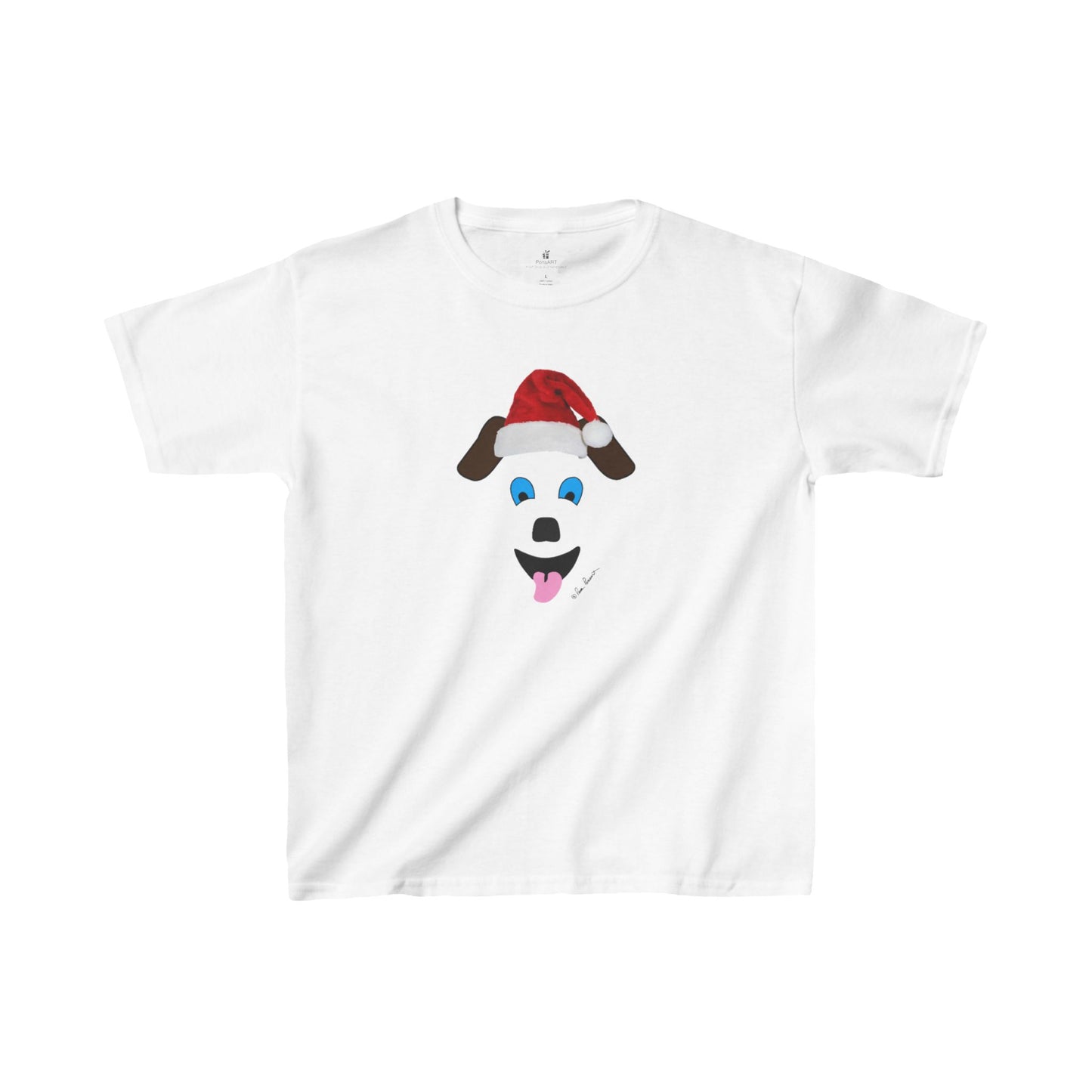 The Festive Santa-Dog Kids T-shirt by Printify is an enchanting unisex holiday piece featuring a cartoon dog's face wearing a red Santa hat with its tongue sticking out playfully. Crafted from heavy cotton by Gildan, this design promises both comfort and durability for infinite festive enjoyment.