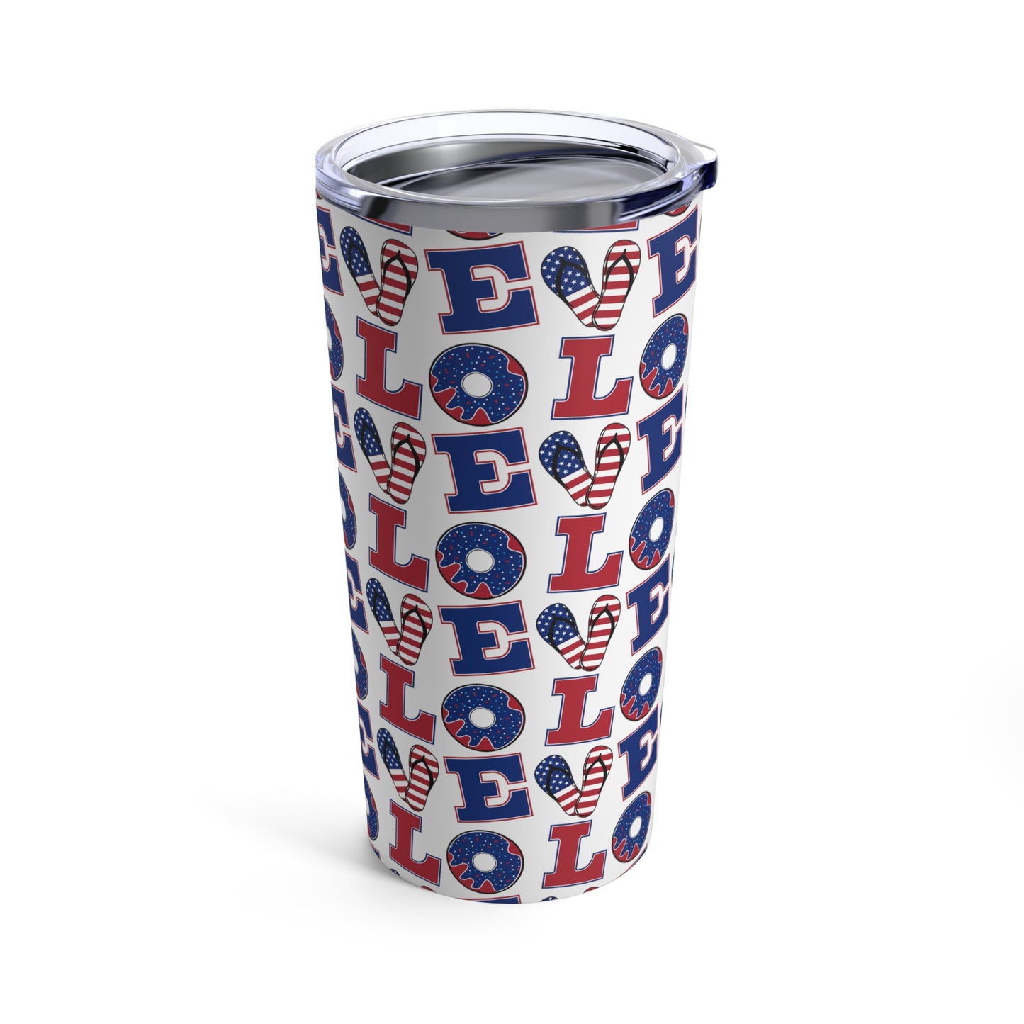 Introducing the Love USA Tumbler: 20 oz.; Stainless steel; Insulated by Printify: a sleek, white stainless steel tumbler adorned with a repeating pattern of the word "LOVE" in American flag-themed letters and elements. This vacuum insulated gem comes complete with a clear plastic lid, ensuring your drinks stay at the perfect temperature.