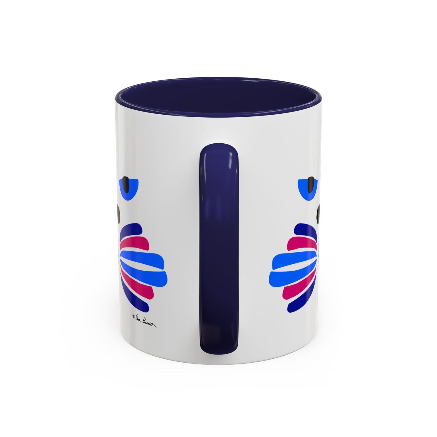 The Cat-Face Coffee Mug by Printify is a whimsical ceramic mug available in two sizes, featuring a dark blue interior and handle. Adorned with blue, pink, and white abstract shell designs on the exterior, this mug makes an ideal gift for cat lovers.