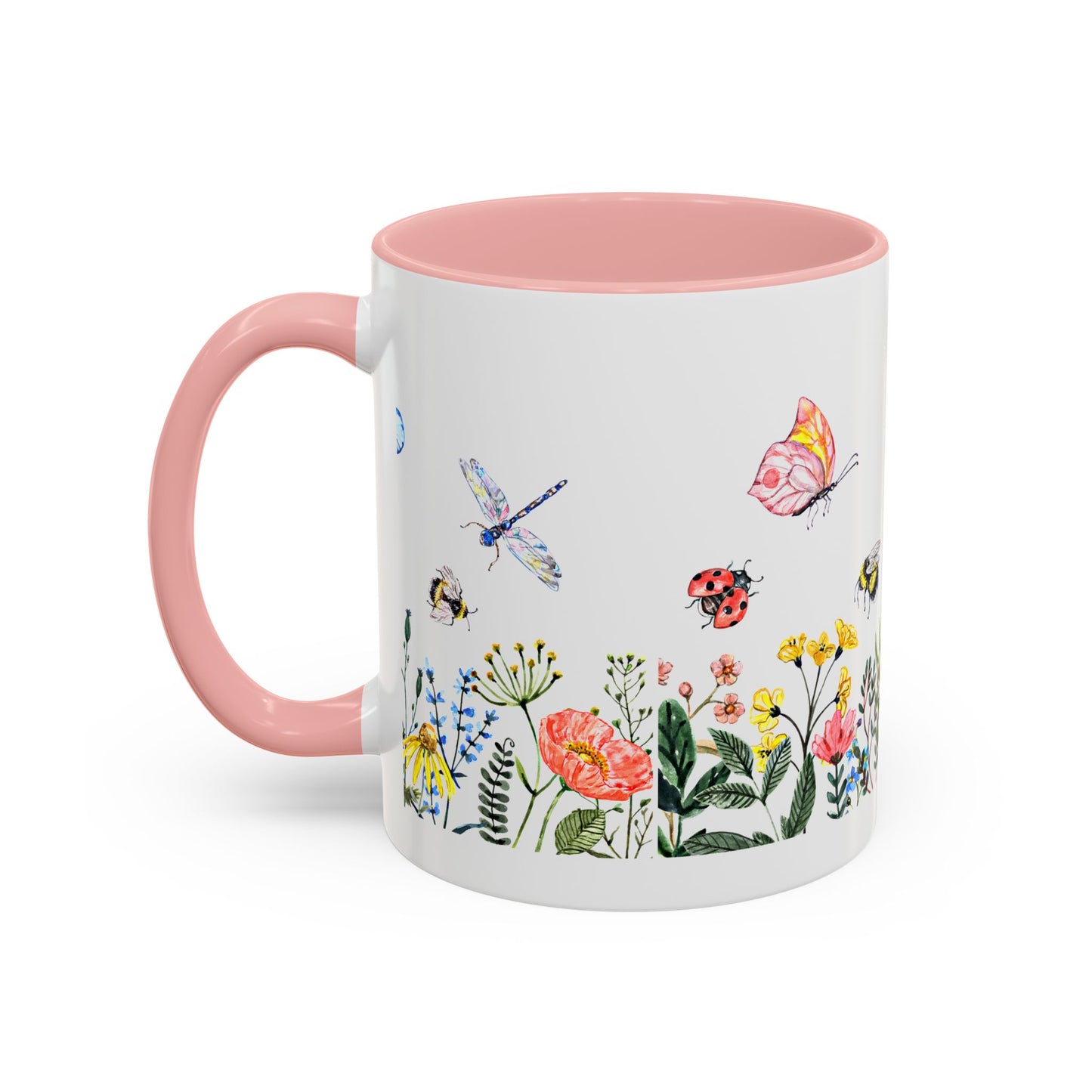 Meet the Colorful Spring Garden Mug from Printify, a ceramic 11 oz. mug with an all-over print design featuring vivid butterflies, ladybugs, bees, and flowers on the bottom half. Its pink interior and handle make it perfect for garden lovers to enjoy a brew while surrounded by nature's beauty.