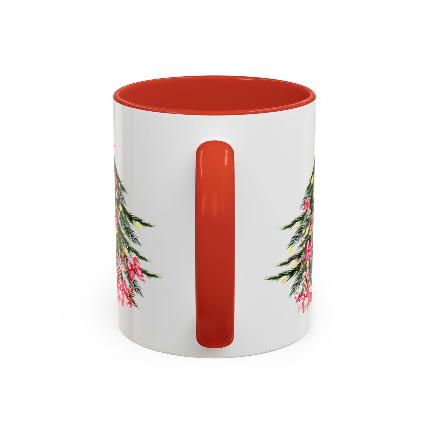 The Printify Festive Christmas-Tree Coffee-Mug, available in 11 and 15 oz. ceramic options, showcases a white exterior paired with a cheerful red interior and handle. It is adorned with a floral design that includes evergreen branches and red berries, making it perfect for adding holiday cheer to your coffee ritual.