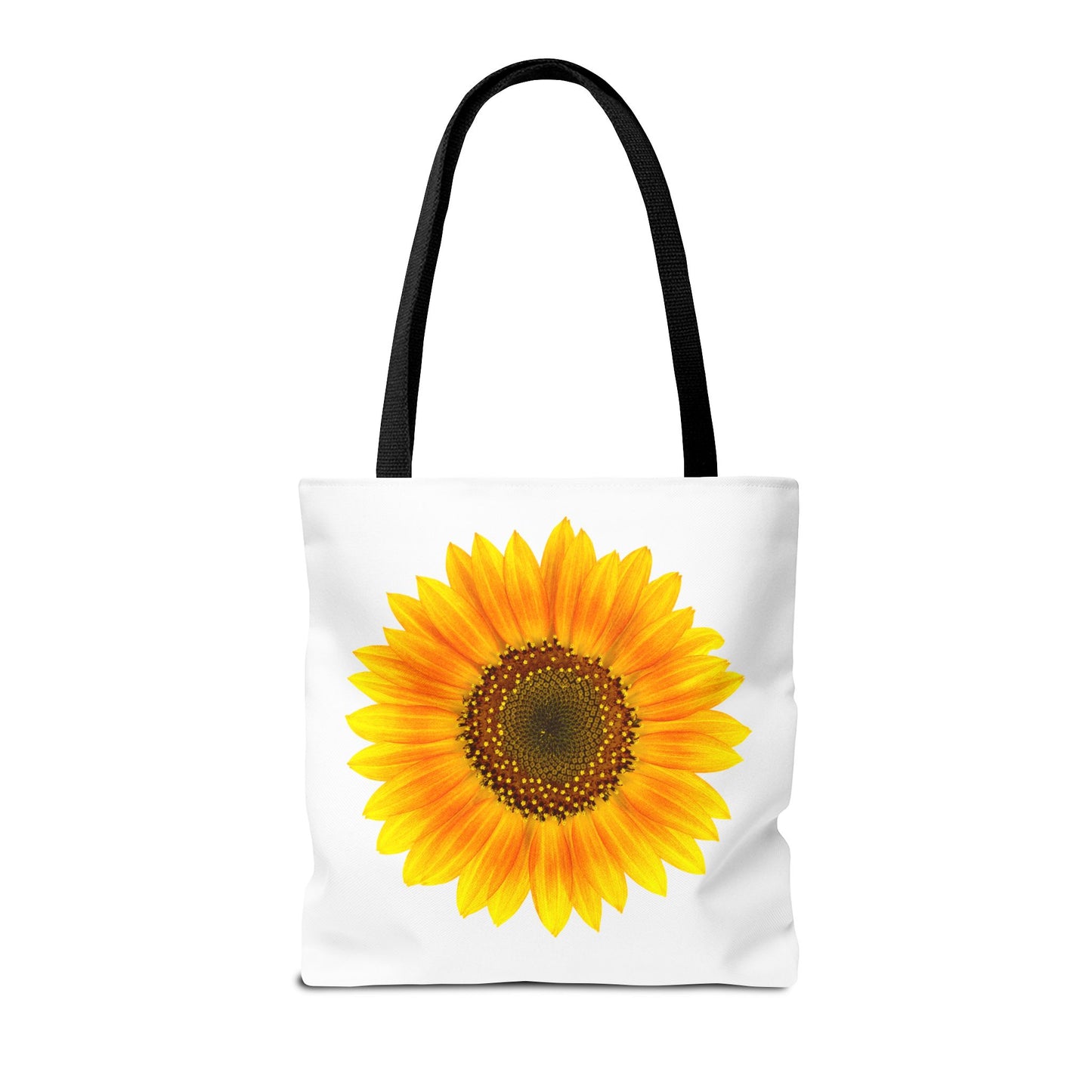 The Printify Sunflower Tote Bag, in polyester and available in 3 sizes, features a vibrant 2-sided sunflower design with black handles, embodying nature-inspired style.