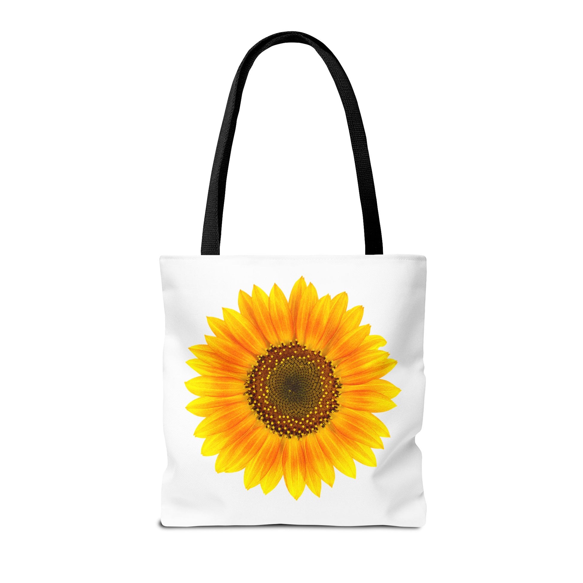 The Printify Sunflower Tote Bag, in polyester and available in 3 sizes, features a vibrant 2-sided sunflower design with black handles, embodying nature-inspired style.