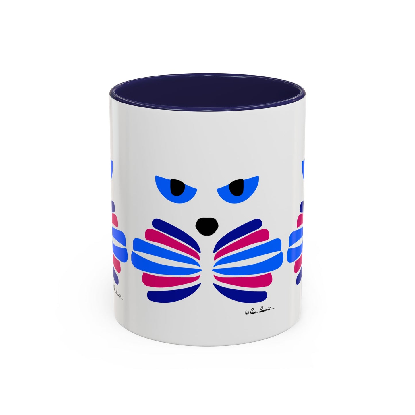 Introducing the Cat-Face Coffee Mug by Printify, an ideal gift for cat enthusiasts. Available in two sizes and crafted from ceramic, this mug features a charming blue interior adorned with a stylized cat face design using vibrant blue, pink, and black lines that perfectly capture feline personality.