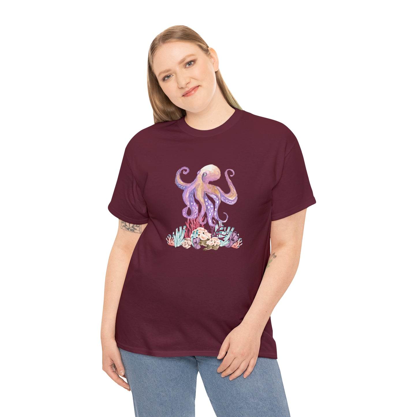Mock up of a tall woman wearing the Maroon shirt