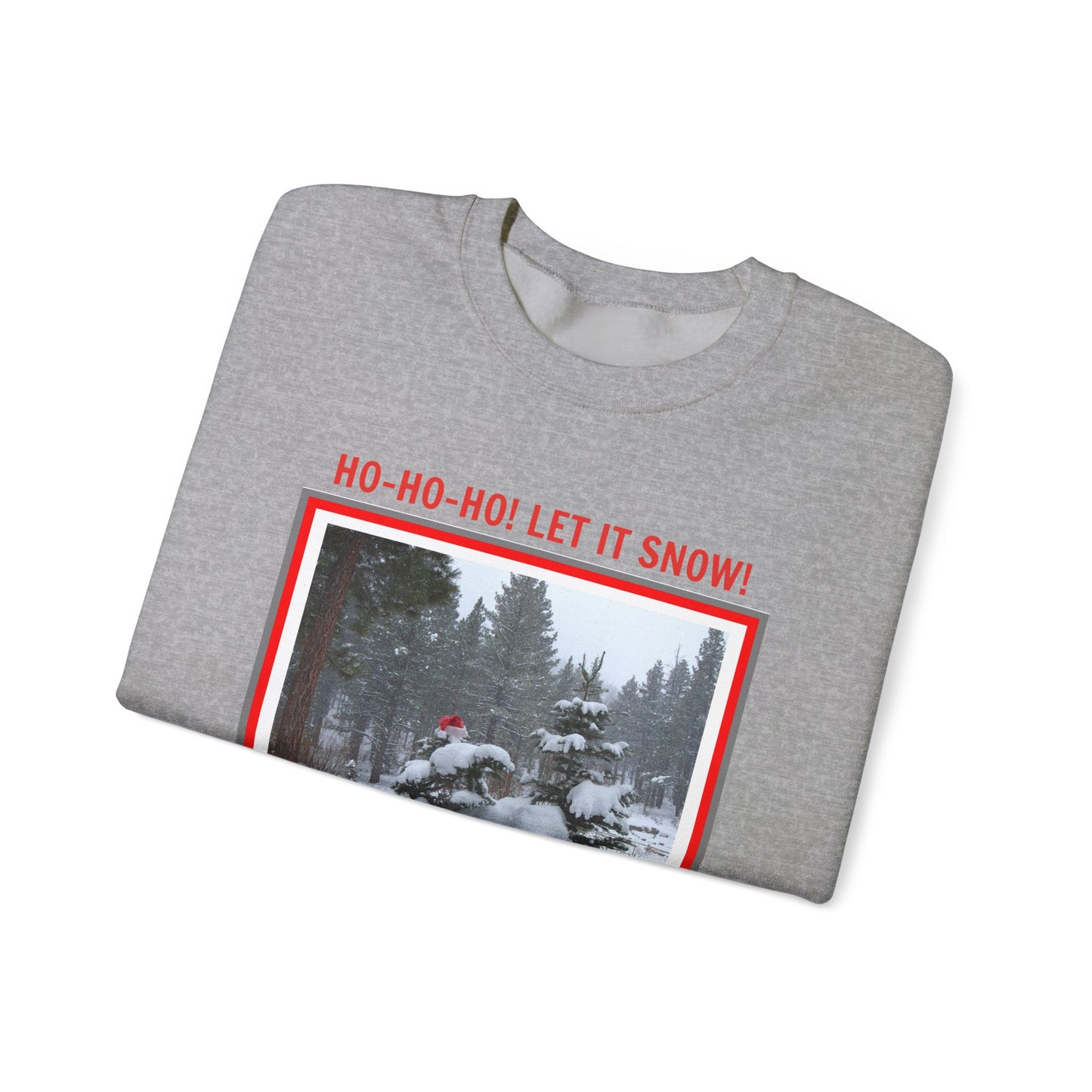 The Unisex Holiday Crewneck Sweatshirt: Heavy Blend™ | Santa by Printify is a cozy must-have, adorned with snow-covered trees and the joyful "HO-HO-HO! LET IT SNOW!" message on the front.