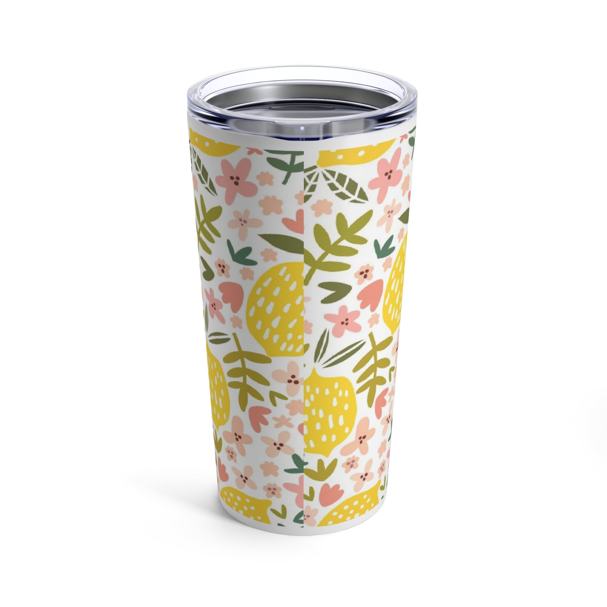 A Pink Lemon Tumbler by Printify: 20 oz.; Insulated; Stainless steel with a floral pattern on it, and is dishwasher-safe.