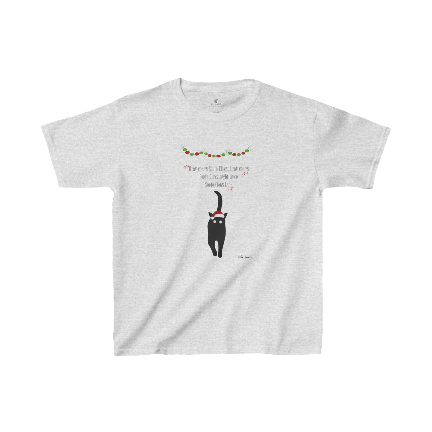 This Festive Kids Holiday T-shirt from Printify features a playful design with a black cat wearing sunglasses and adorned with Christmas lights on a gray background. Made from ethically sourced cotton, it displays the humorous text "Dear Santa Claws, Definition of BAD? ... Asking for a friend." Ideal for adding some festive cheer to any child's wardrobe.
