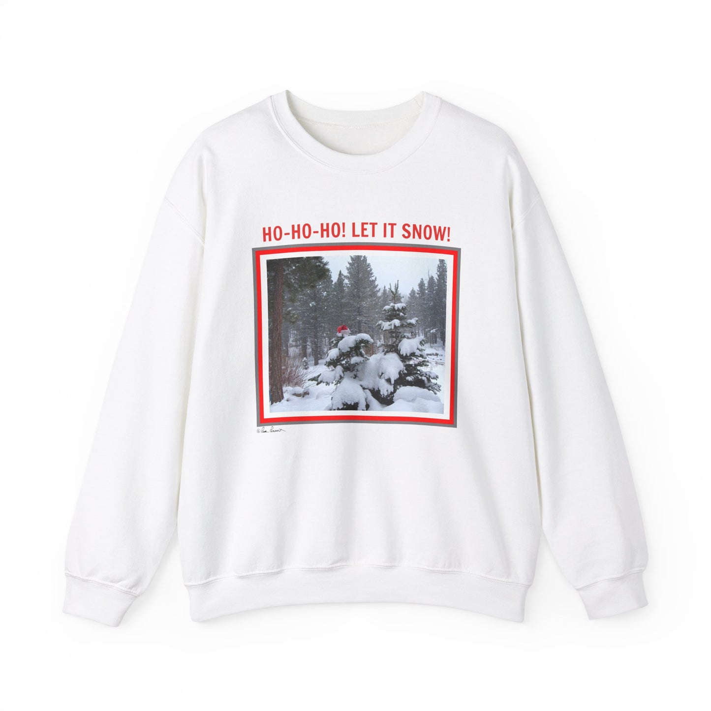The Printify Unisex Holiday Crewneck Sweatshirt: Heavy Blend™| Santa features a cozy snowy forest scene with "HO-HO-HO! LET IT SNOW!" in red text, making it perfect for sustainable fashion this season.