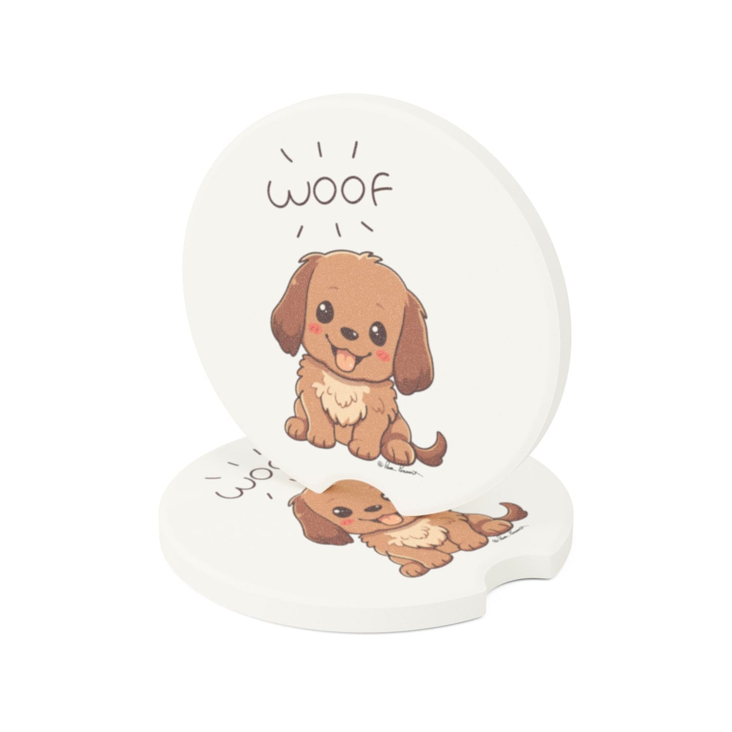 The Cute-Dog Car Coasters by Printify showcase a delightful cartoon puppy design, complete with the word "WOOF" as a prominent feature. Specifically designed for dog enthusiasts, these round accessories serve as an ideal gift and add a playful flair to any vehicle.