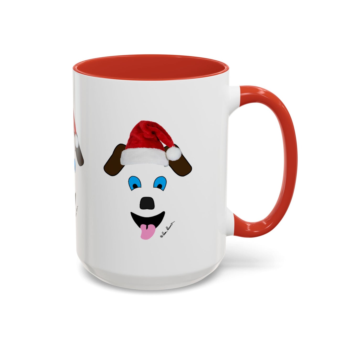 The Printify Festive Dog-Face Coffee Mug, available in 2 sizes, is a charming gift idea for dog enthusiasts. This ceramic mug features a playful cartoon Santa Dog with a red hat and tongue out, set against its white exterior and red interior, making it an ideal festive addition to your collection.