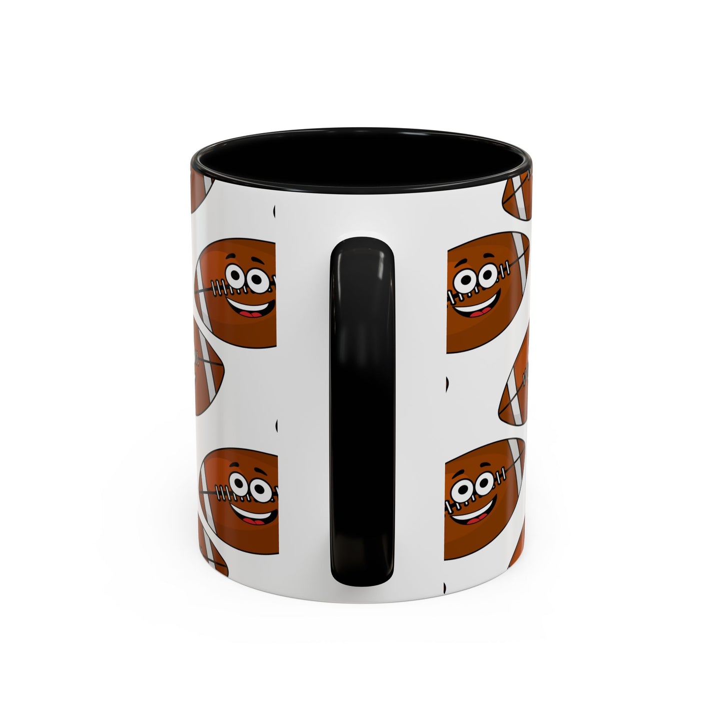 The Happy Football-Faces Mug by Printify is an 11 oz. white ceramic coffee mug with a black handle. It features repeated images of vibrant, smiling cartoon footballs and adds a playful touch to your morning routine. Plus, it's BPA-free and American-made.