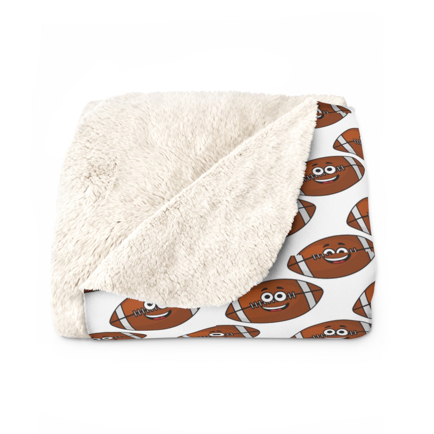 The Printify Happy Football-Faces Blanket, available in two sizes, is a dual-sided masterpiece crafted from soft Sherpa polyester. One side features a fluffy, cream-colored texture, while the other showcases a delightful pattern of smiling football characters—making it an ideal choice for football fans and sports enthusiasts alike.