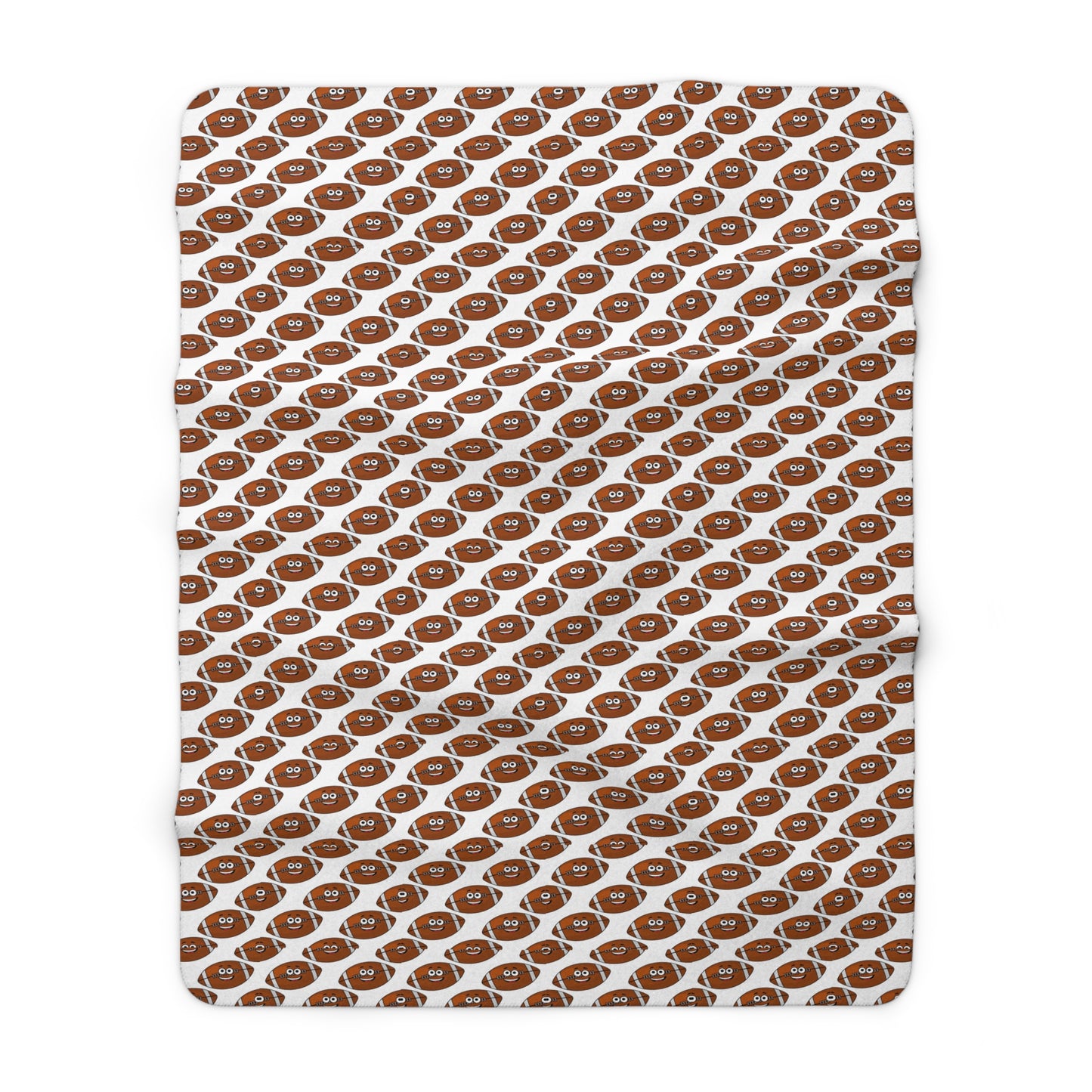 Introducing the Happy Football-Faces Blanket by Printify: perfect for sports enthusiasts and football fans alike. This cozy Sherpa blanket, available in 2 sizes, features a repeating pattern of brown, football-shaped objects on a crisp white polyester background, making it an ideal addition to game day comfort.