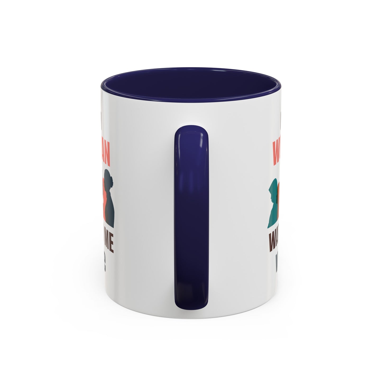 White ceramic mug with a dark blue handle and interior, featuring a silhouette design and partial text about walking related to happiness. This American-made Printify Voting Womens Mug: Ceramic; 11 oz.; Graphics; Text; Accented is both dishwasher and microwave safe.