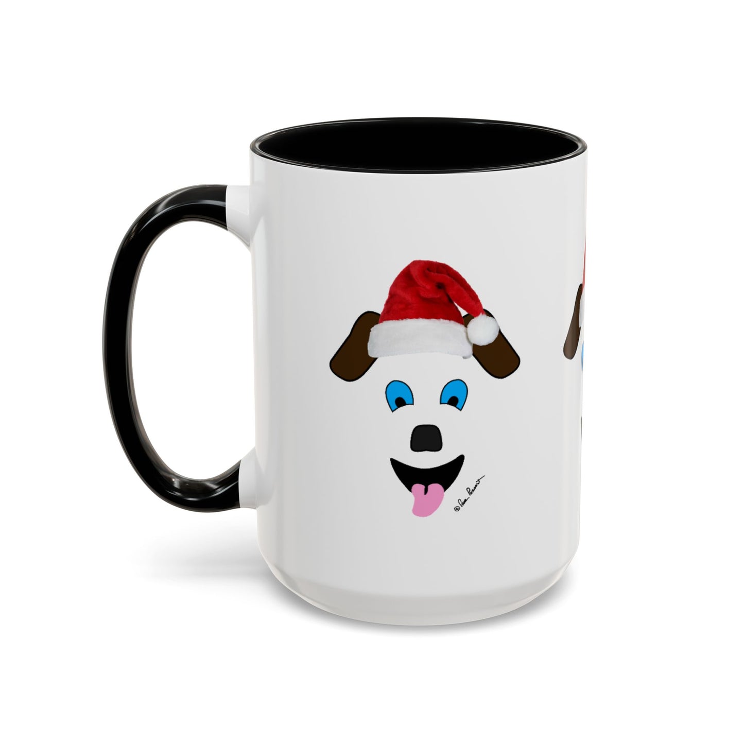 This Festive Dog-Face Coffee-Mug by Printify, available in 2 sizes and crafted from ceramic, features a playful cartoon dog wearing a red Santa hat on a white background with a black handle. Ideal for dog lovers, this delightful design infuses any coffee break with holiday spirit and makes for an excellent gift idea.
