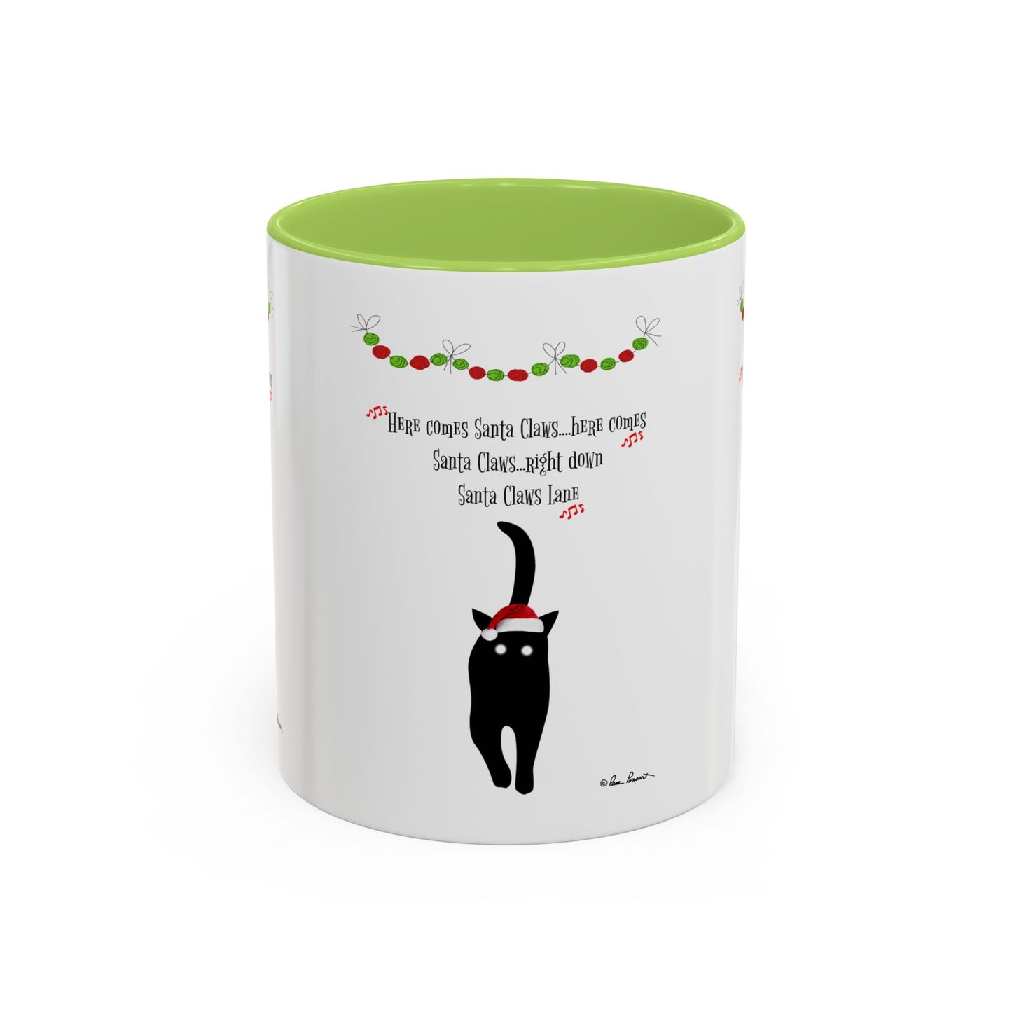 The Printify Festive-Cat Accent Coffee Mug is a perfect holiday gift for cat-lovers, featuring a black cat in a Santa hat, holiday garland, and festive Santa-themed text.
