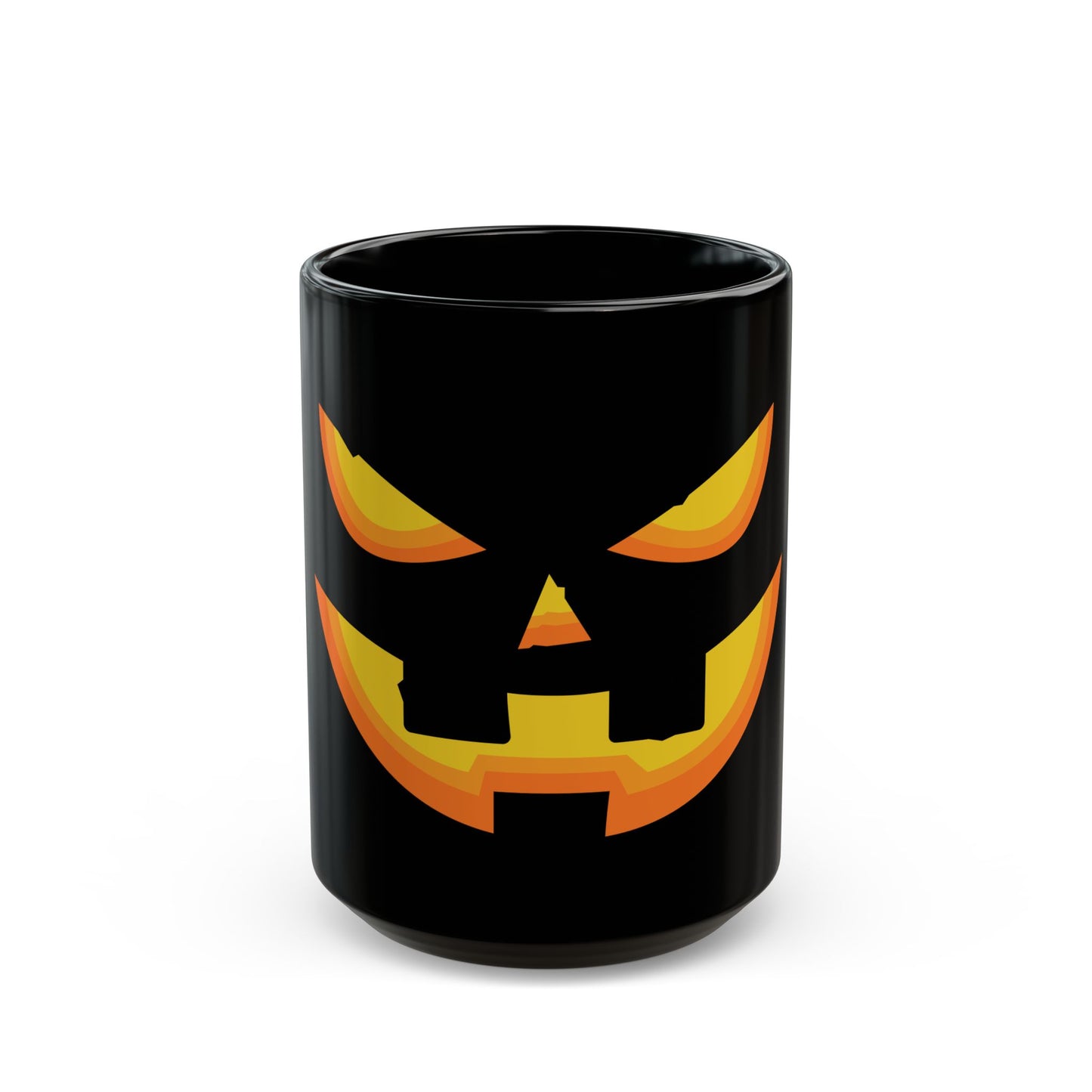 The Halloween Pumpkin Face Mug: Ceramic | Black | Spooky by Printify features an orange and yellow jack-o'-lantern with a sinister grin, perfect for spooky season sips. Photographed on a white background.