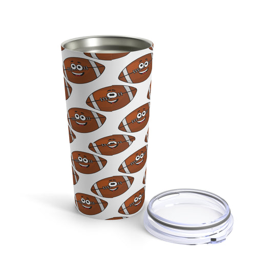 A Printify Football Fan Tumbler:  20 oz.; Stainless Steel; Insulated with a lid.