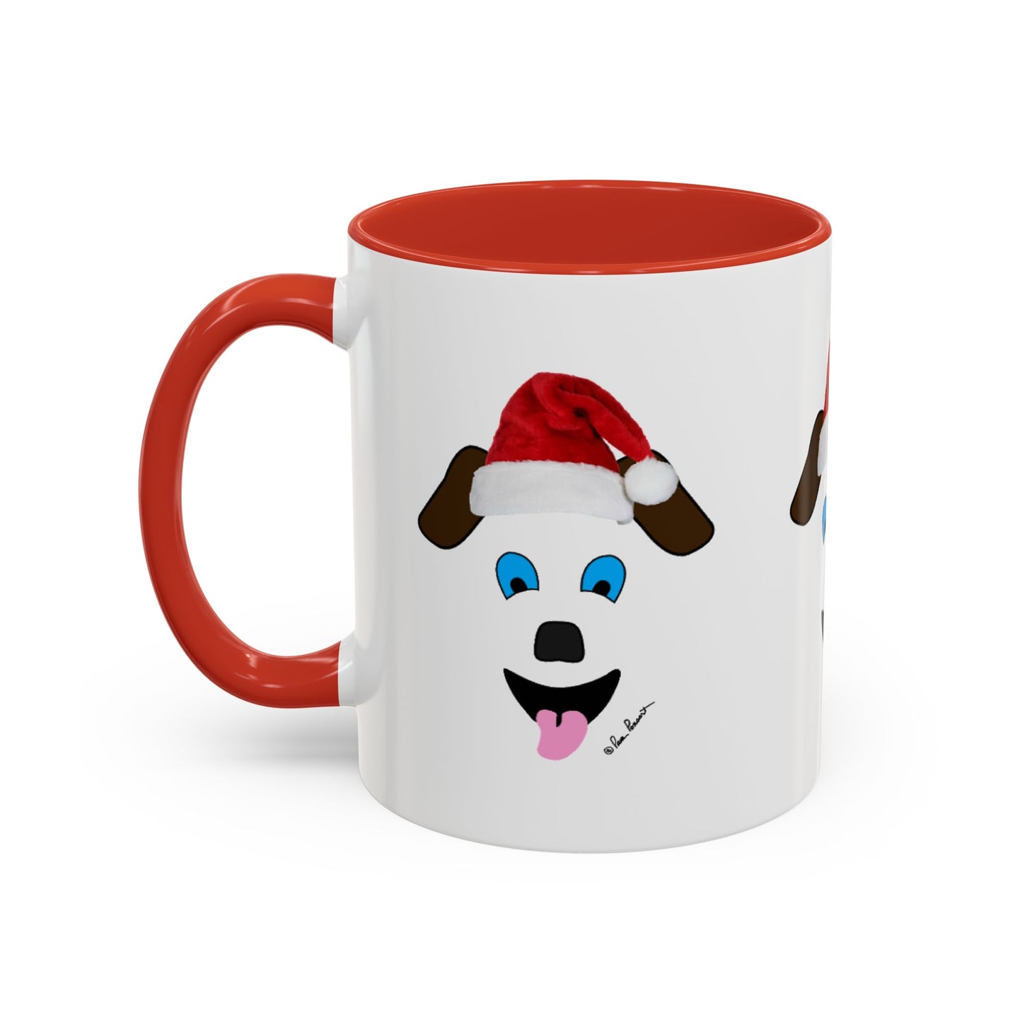 Embrace the festive spirit with Printify's Festive Dog-Face Coffee Mug, an ideal gift for dog enthusiasts. This ceramic mug showcases a cartoon puppy wearing a Santa hat, complete with captivating blue eyes and a playful pink tongue. The cheerful red handle and interior of this white mug add that perfect touch of holiday merriment. Available in 2 sizes for your convenience.