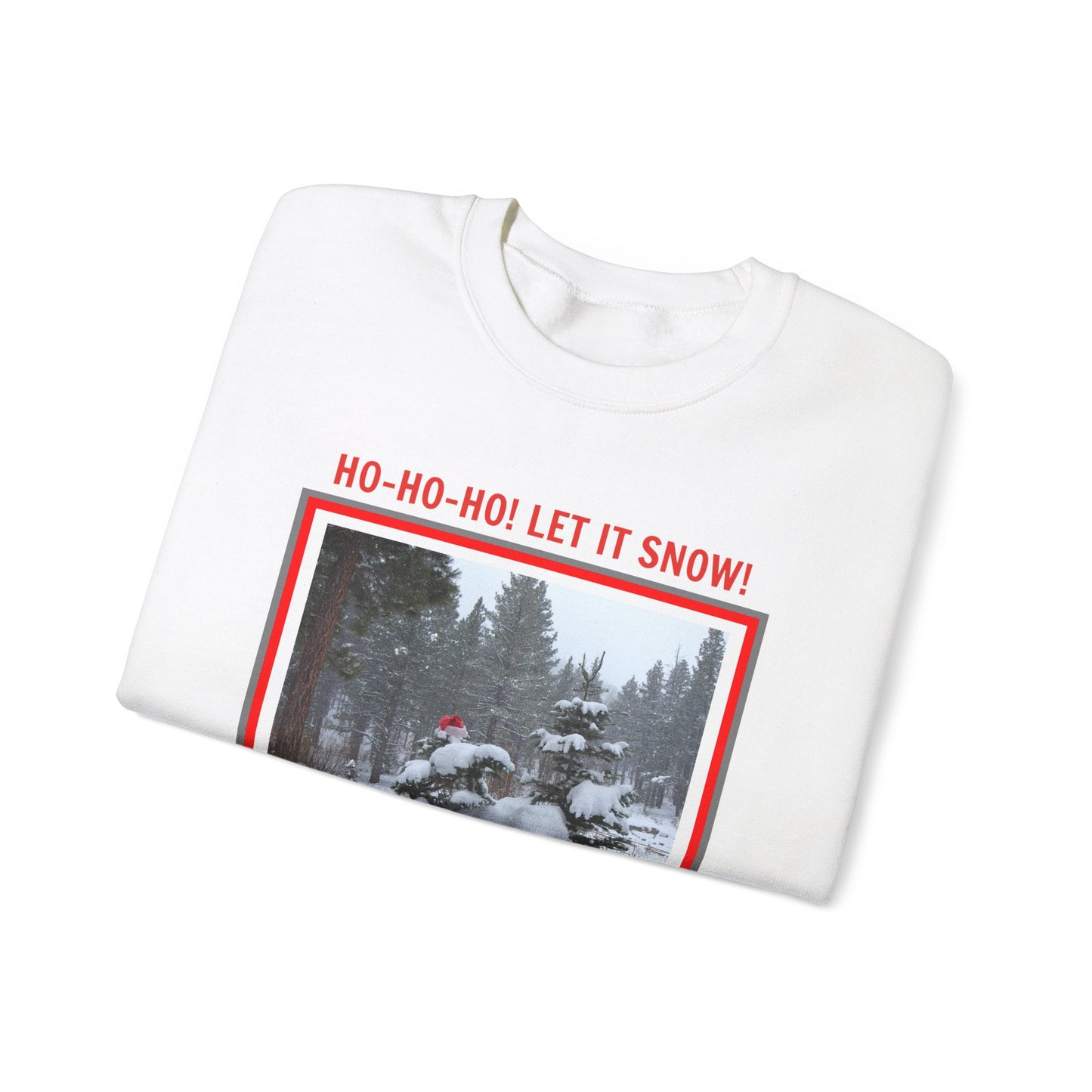 Printify's Unisex Holiday Crewneck Sweatshirt: Heavy Blend™| Santa showcases "Ho-ho-ho! Let it snow!" on a snowy forest scene, offering a cozy and sustainable fashion choice in white to spread holiday cheer.