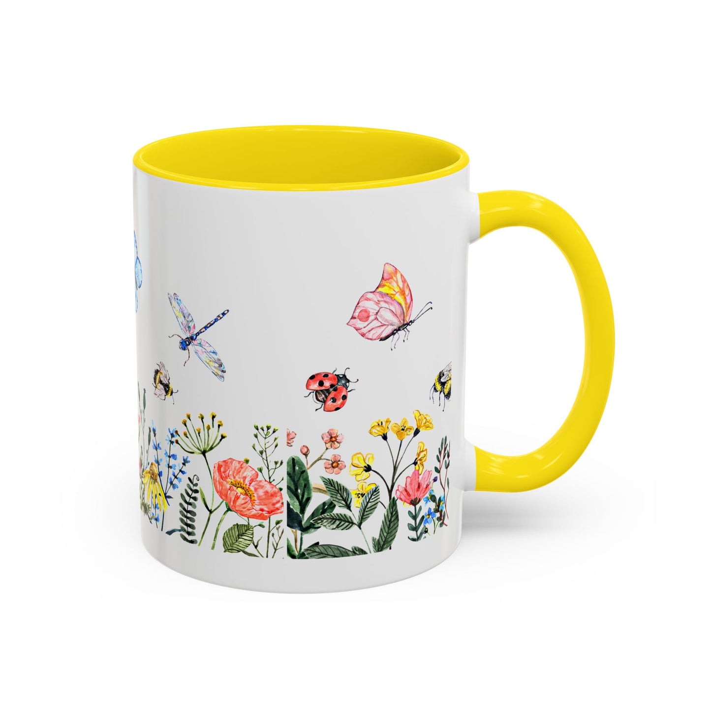 The Printify Colorful Spring Garden Mug is an 11 oz. ceramic mug featuring an AOP design of vibrant flowers and insects, like ladybugs and butterflies. Its white base with a yellow handle adds a cheerful touch for garden enthusiasts, bringing nature to life in any morning routine.