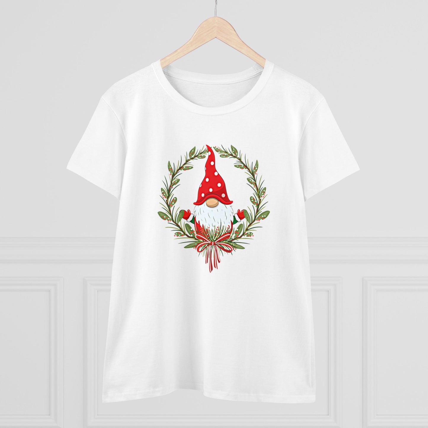 Printify Womens' Holiday-Gnome T-shirt: features a festive gnome with red hat, green wreath, and bow. Cute Christmas shirt in 3 colors, midweight cotton. Made in America—perfect for the season!.