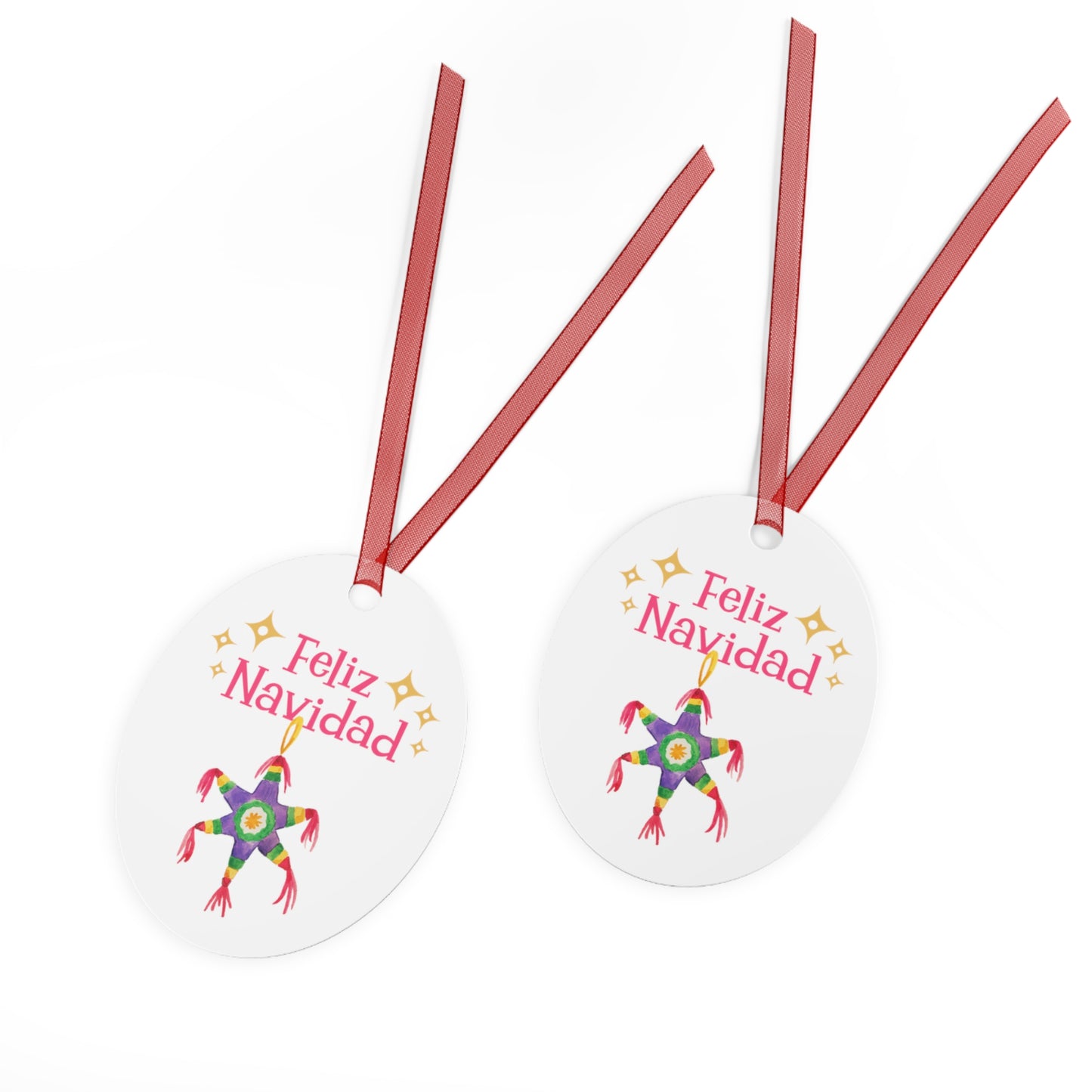 This oval-shaped Feliz Navidad Metal Ornament by Printify, adorned with red ribbons and a colorful piñata design, exudes festive charm with its delightful "Feliz Navidad" text. It's an ideal way to add a touch of holiday decor to your gifts.