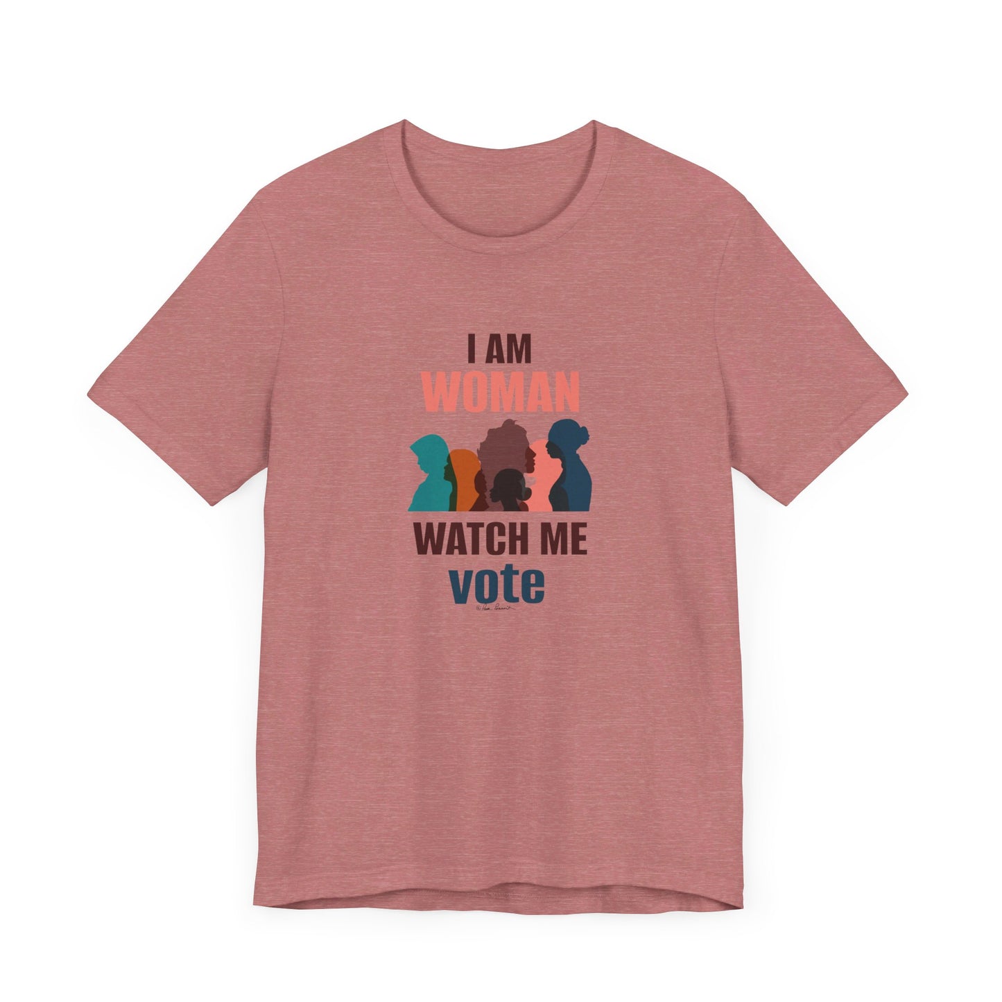 The Voting Women's T-shirt by Printify, crafted from 100% Airlume combed and ringspun cotton by Bella+Canvas, features a unisex design with silhouettes of three women and the text "I am woman, watch me vote" on a pink cotton jersey.