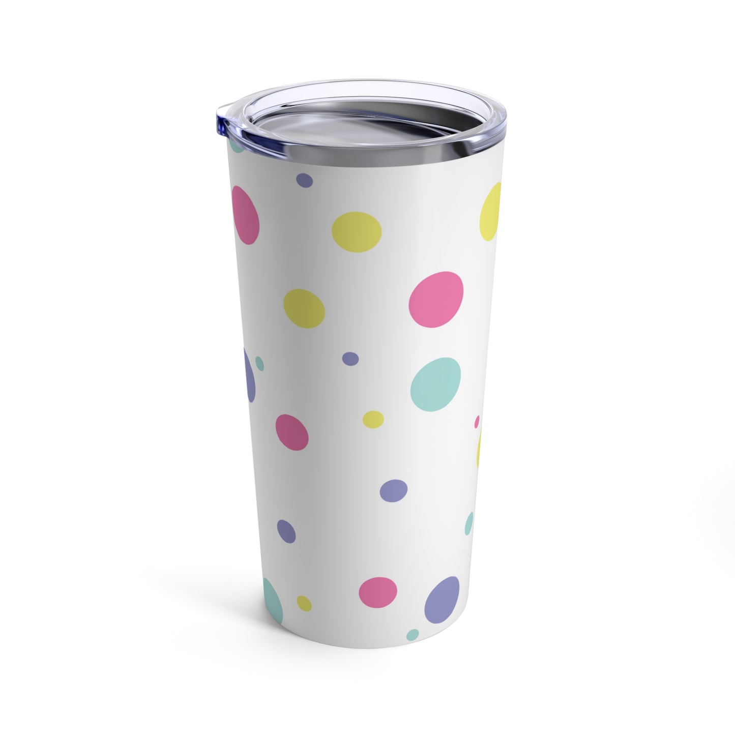 Sentence with replaced product: A colorful Printify confetti dots tumbler with a lid.