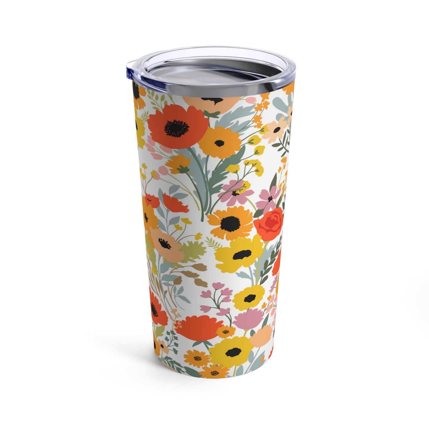 An orange and yellow Printify Summer Flowers Tumbler: 20 oz.; Stainless steel; Insulated with a lid.