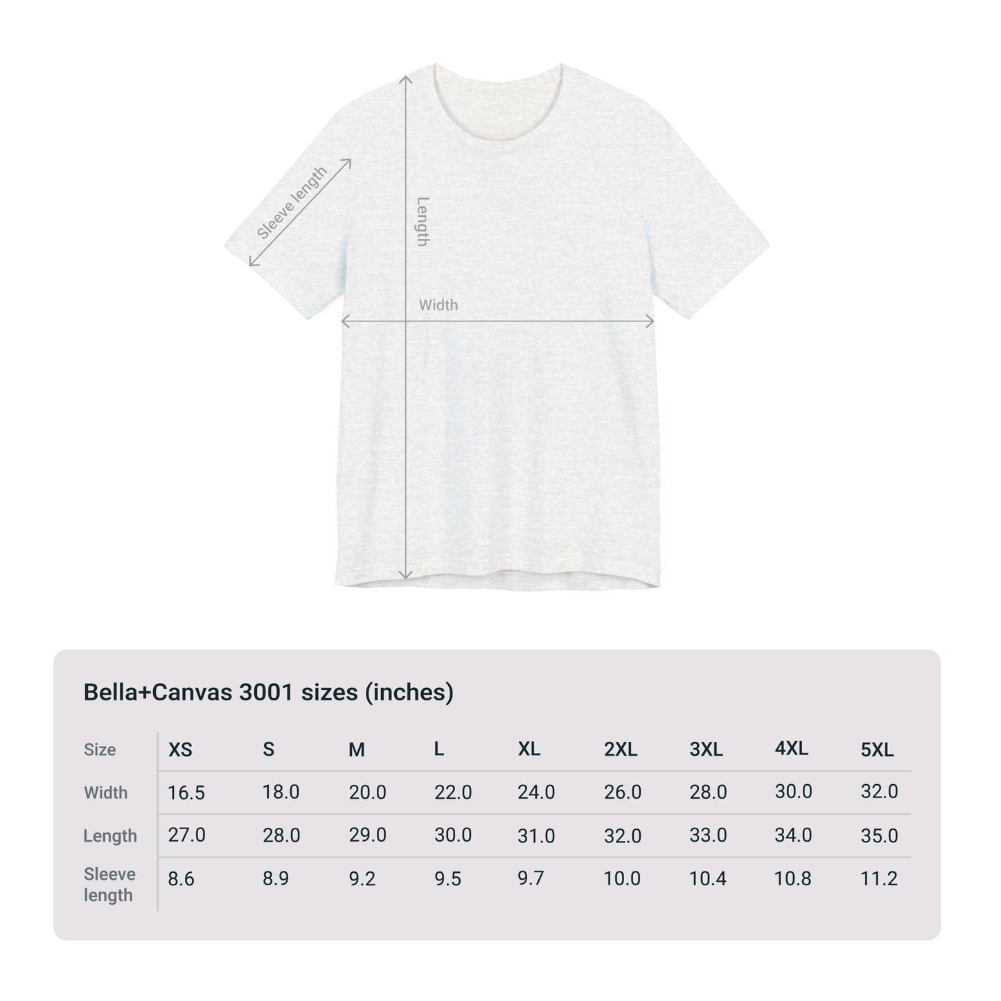 A detailed size chart for the Voting Women's T-shirt: Unisex Cotton Jersey from Printify, featuring Bella+Canvas 3001 t-shirts, provides measurements for width, length, and sleeve length in inches. The sizes range from XS to 5XL. Made of 100% Airlume combed and ringspun cotton, it ensures ultimate comfort.