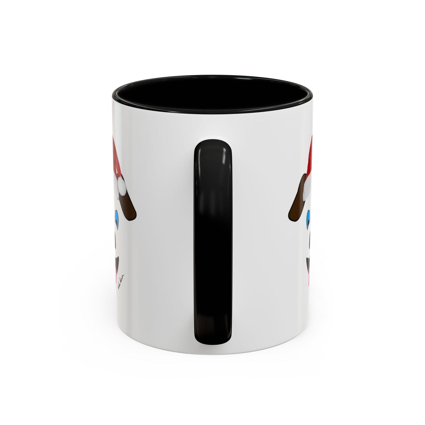 Introducing the Festive Dog-Face Coffee-Mug by Printify, available in two sizes. This ceramic mug, designed with a white exterior and black handle and interior, showcases a partially visible cartoon face wearing a red hat that resembles Santa Dog’s cheerful expression, making it the perfect gift for dog lovers.