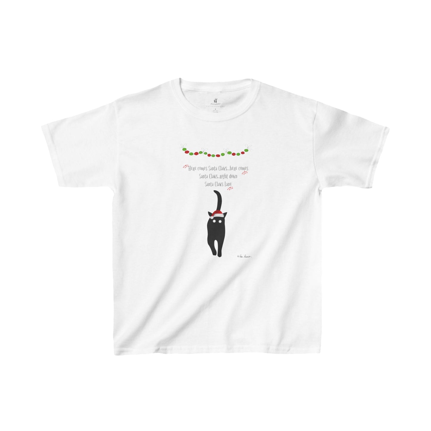 Get into the holiday spirit with Printify's Festive Kids Holiday T-shirt! This unisex tee is made from ethically sourced cotton and features a playful design of Santa Claws, a black cat wearing a Santa hat and playfully dangling from Christmas lights that are decorated with green and red dots.