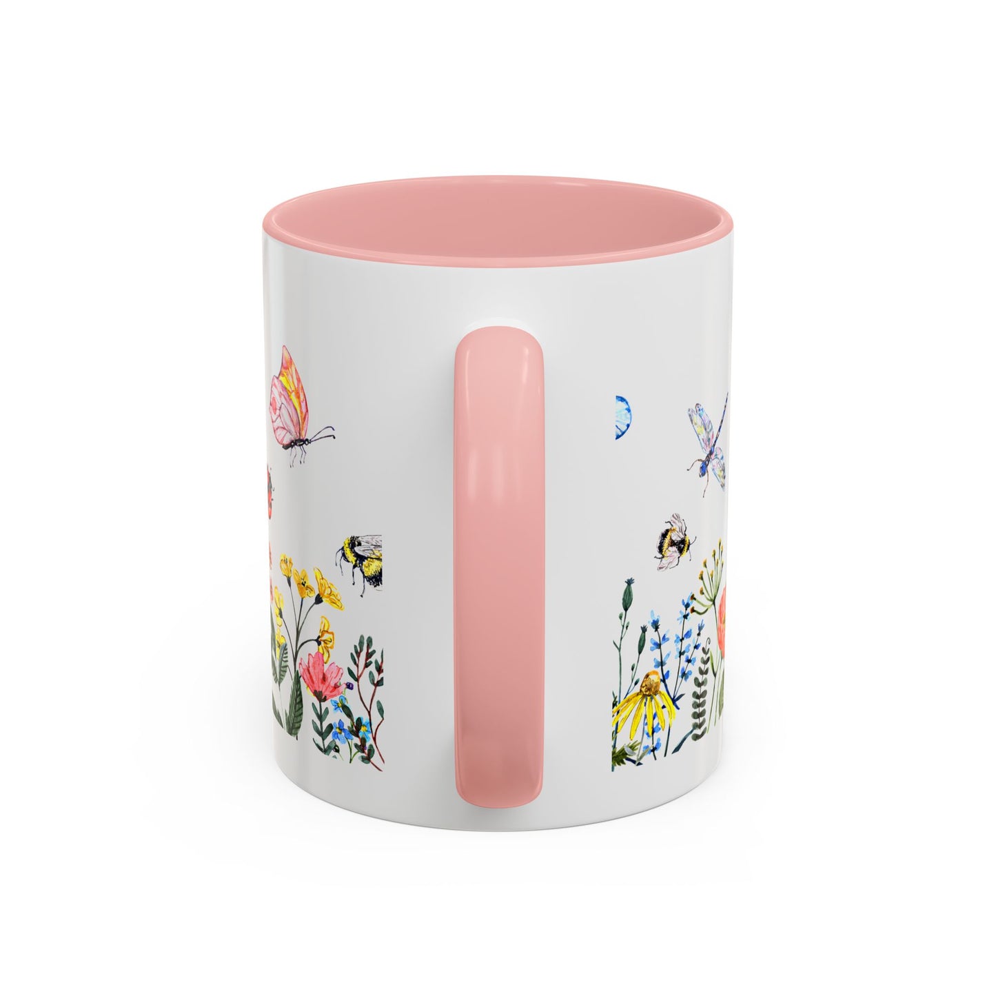 Introducing Printify's Colorful Spring Garden Mug: an 11 oz. ceramic mug with a pink interior and handle, featuring vibrant AOP designs of butterflies, bees, and flowers. Perfect for garden lovers, this mug brings springtime joy to every sip!.