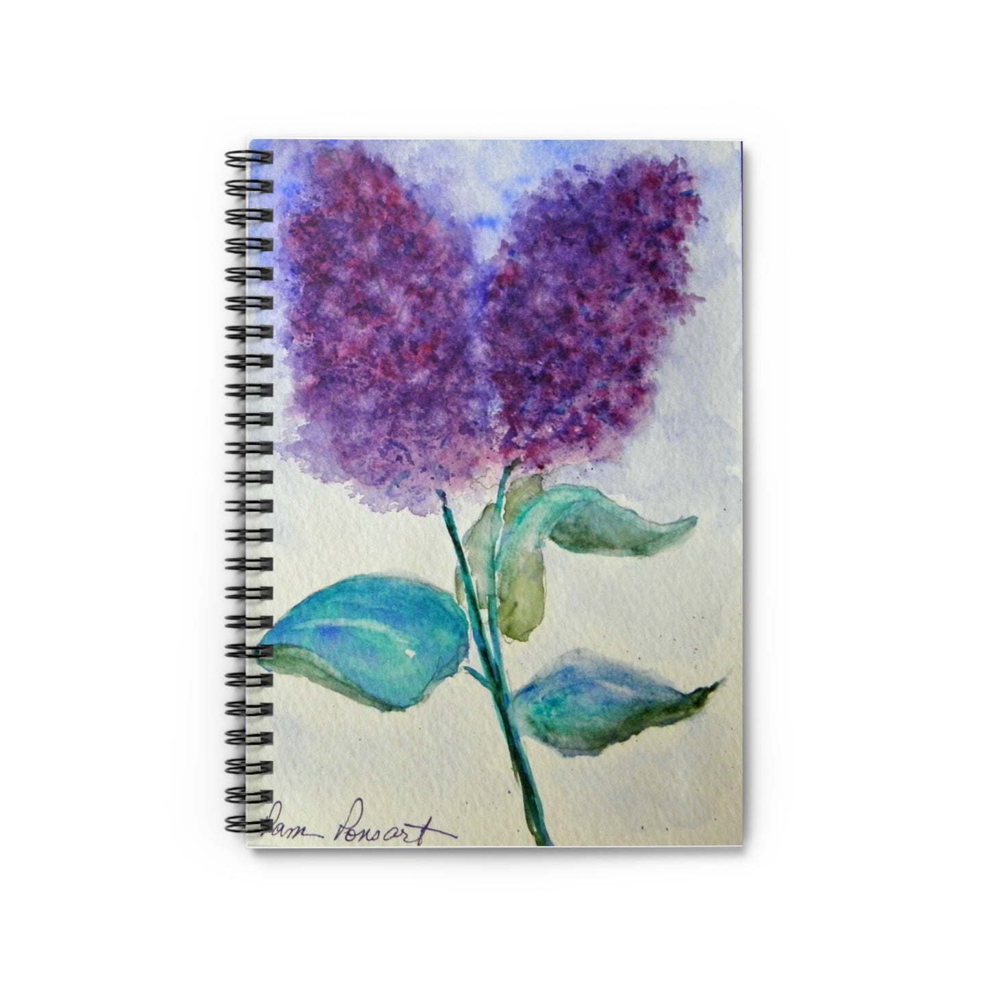 The Printify Purple Lilacs Notebook, measuring 6" x 8", showcases watercolor art of vibrant purple lilacs and lush green leaves on its spiral-bound cover.
