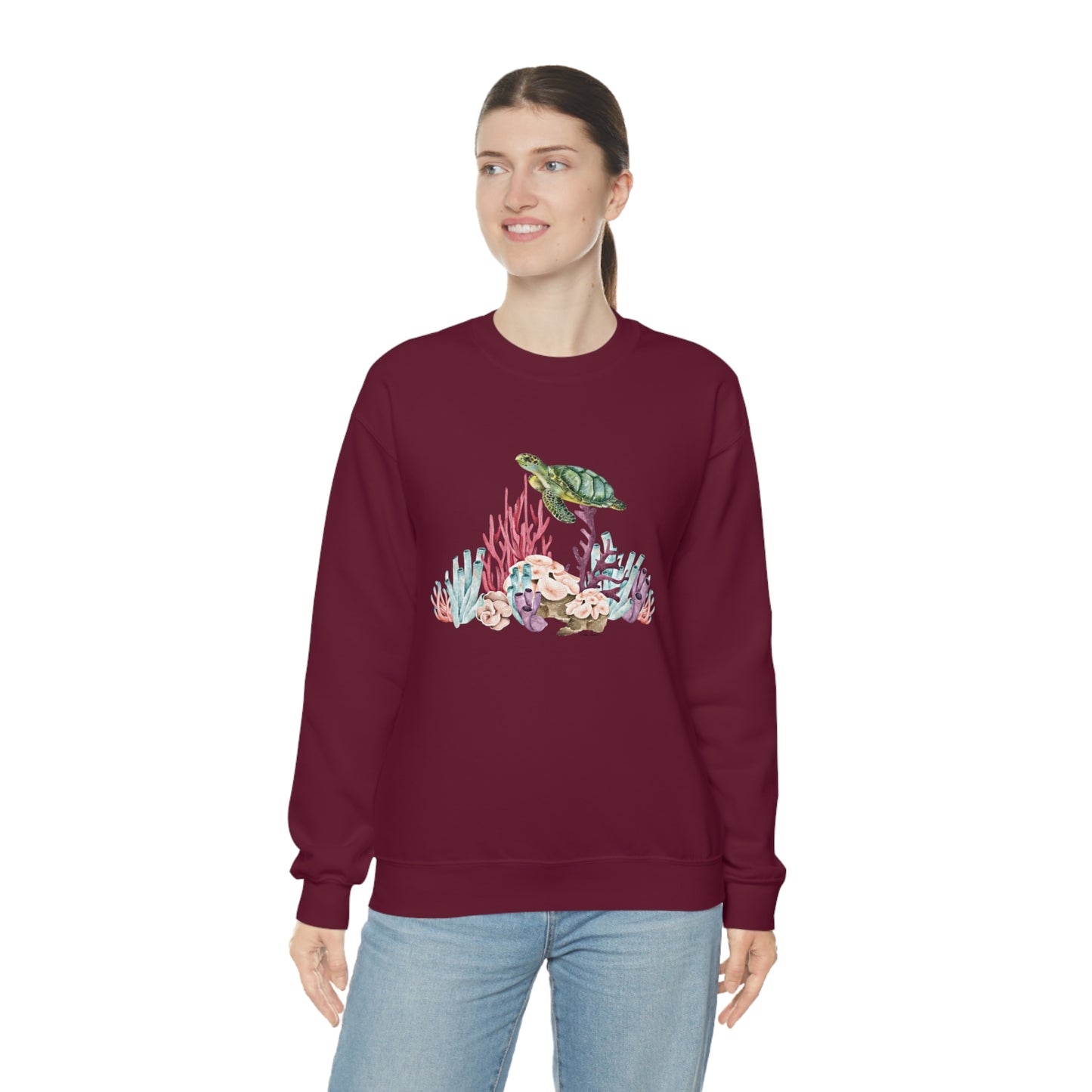 Mock up of a tall woman wearing the Maroon shirt