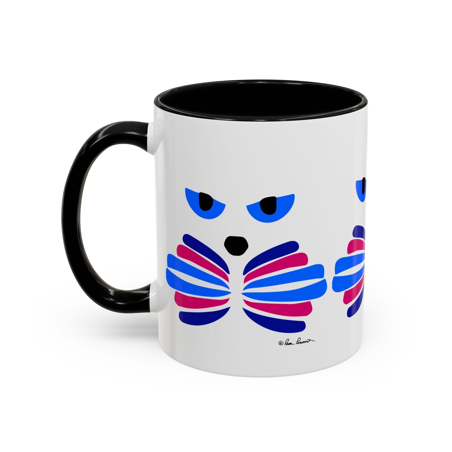 Ideal for cat enthusiasts, the Printify Cat-Face Coffee Mug offers a white ceramic base complemented by a black handle. Its playful design includes abstract blue, pink, and purple shapes that come together to create a stylized cat face full of Catitude.