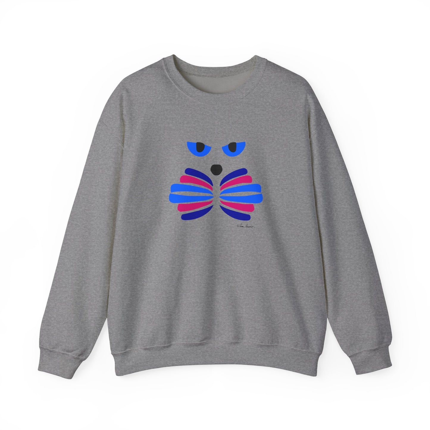 Printify's Unisex Cat-Art Sweatshirt: A stylish grey cotton blend sweatshirt, made in America by Gildan, showcasing a vibrant cat face graphic with blue and pink stripes on the front, perfect for expressing your unique Catitude. Available in 3 colors.